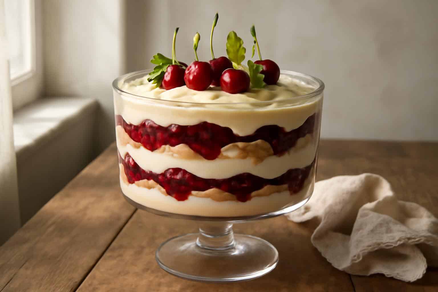 Decadent cherry amaretto tiramisu layered with mascarpone and cherries