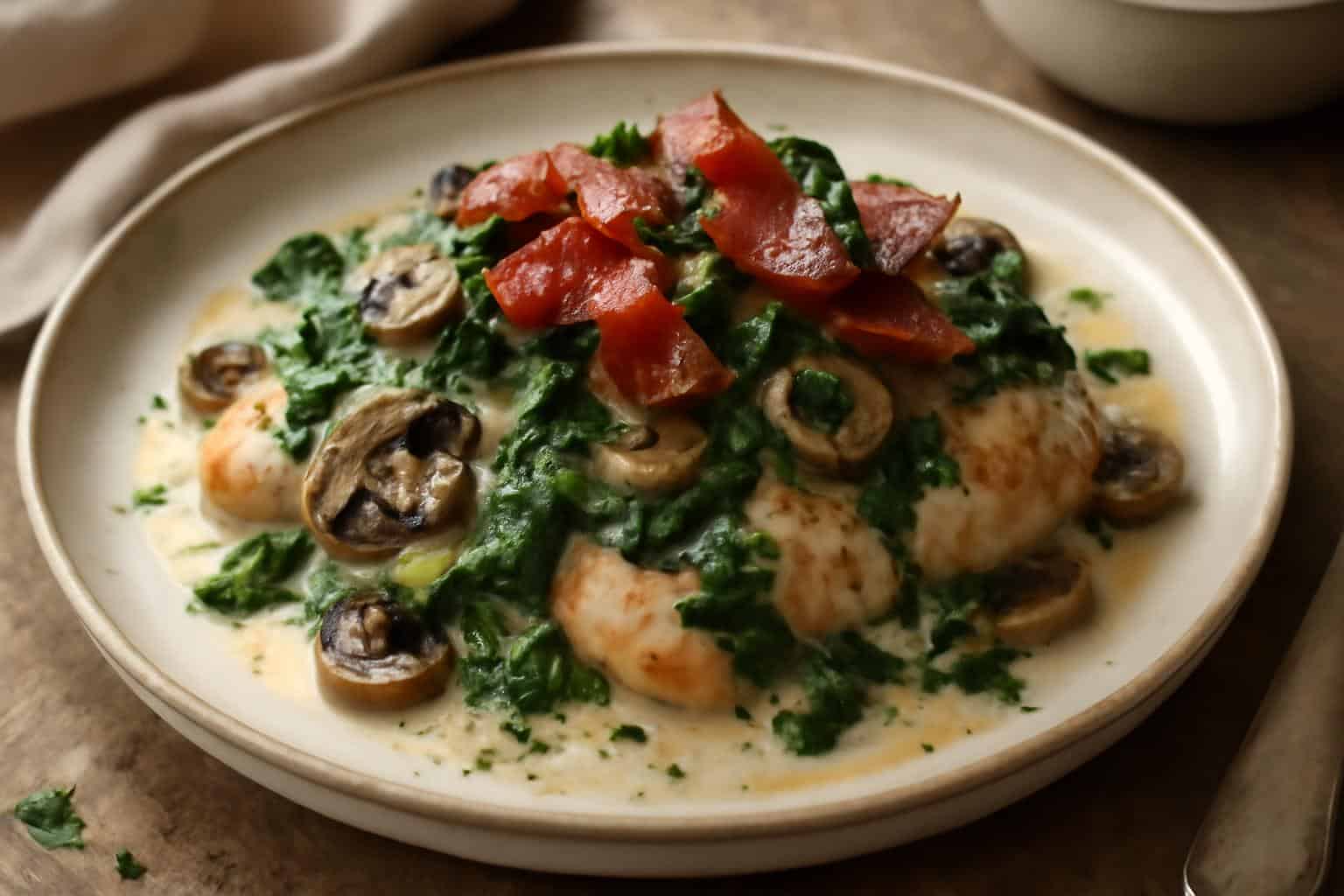 Creamy chicken spinach smothered with bacon and mushrooms on a rustic plate