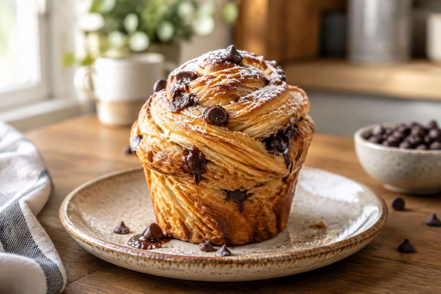 Freshly baked decadent chocolate chip cruffins with flaky layers and melted chocolate chips