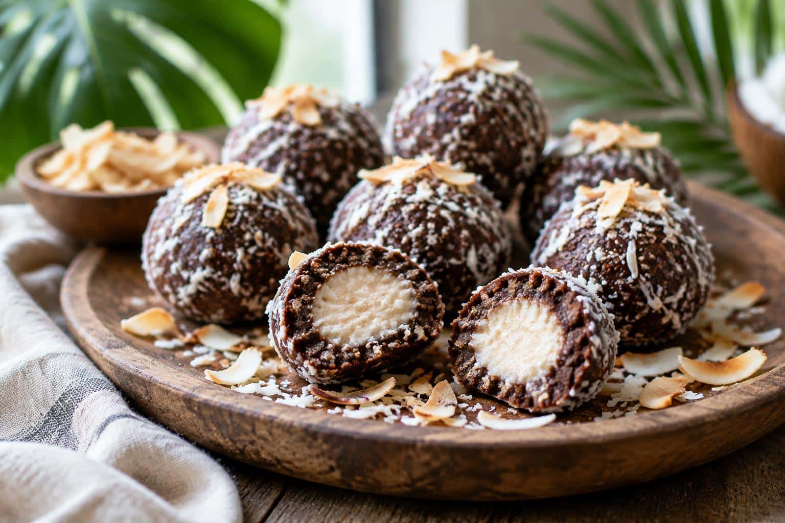 Chocolate coconut bliss balls with creamy center and toasted coconut crunch on wooden platter