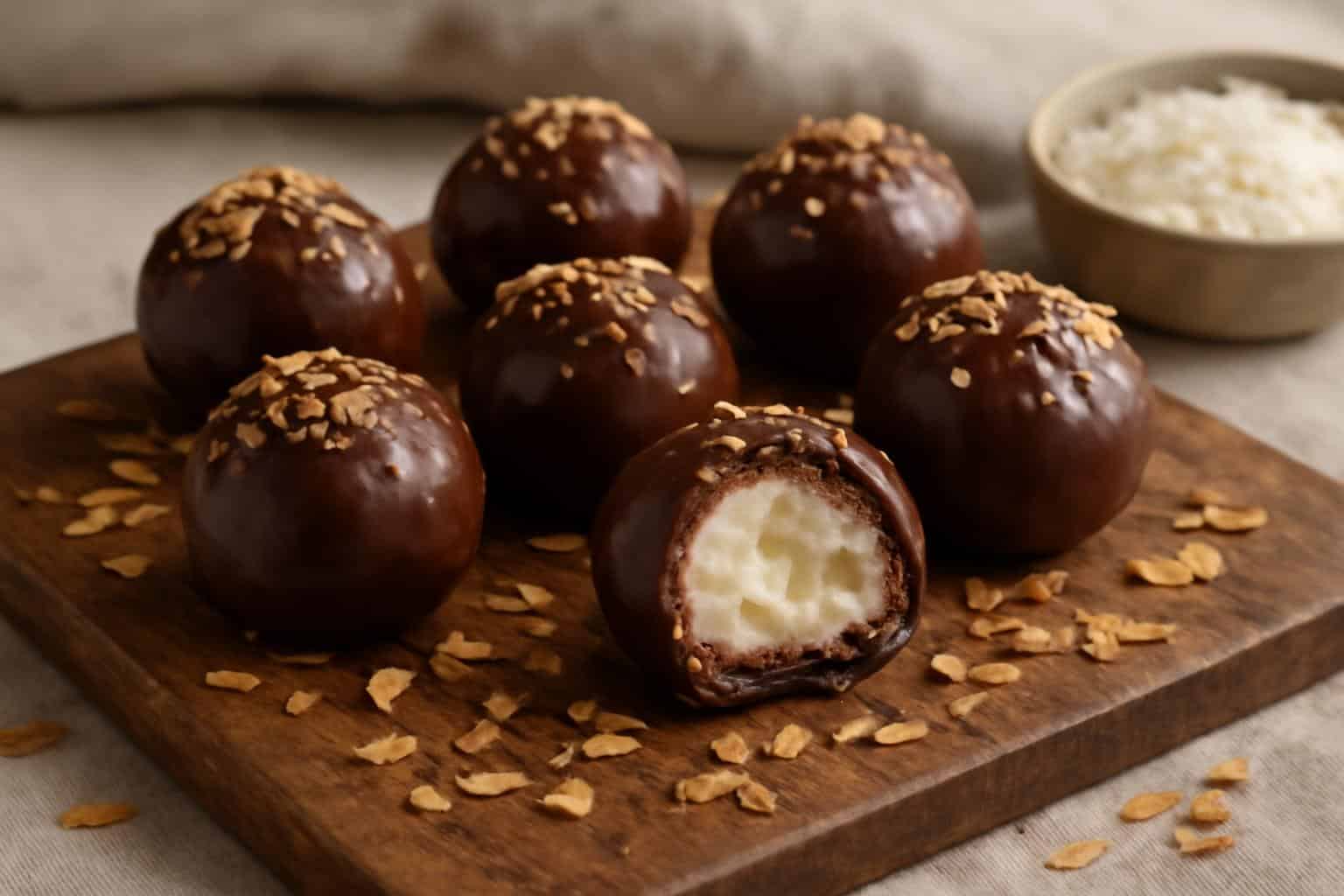 Decadent chocolate coconut bliss balls with creamy center and toasted coconut crunch