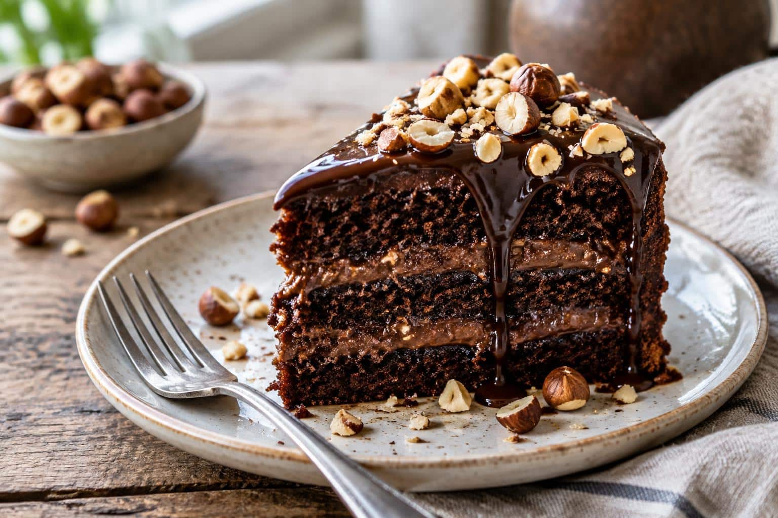 moist chocolate hazelnut cake slice with ganache and chopped hazelnuts on top