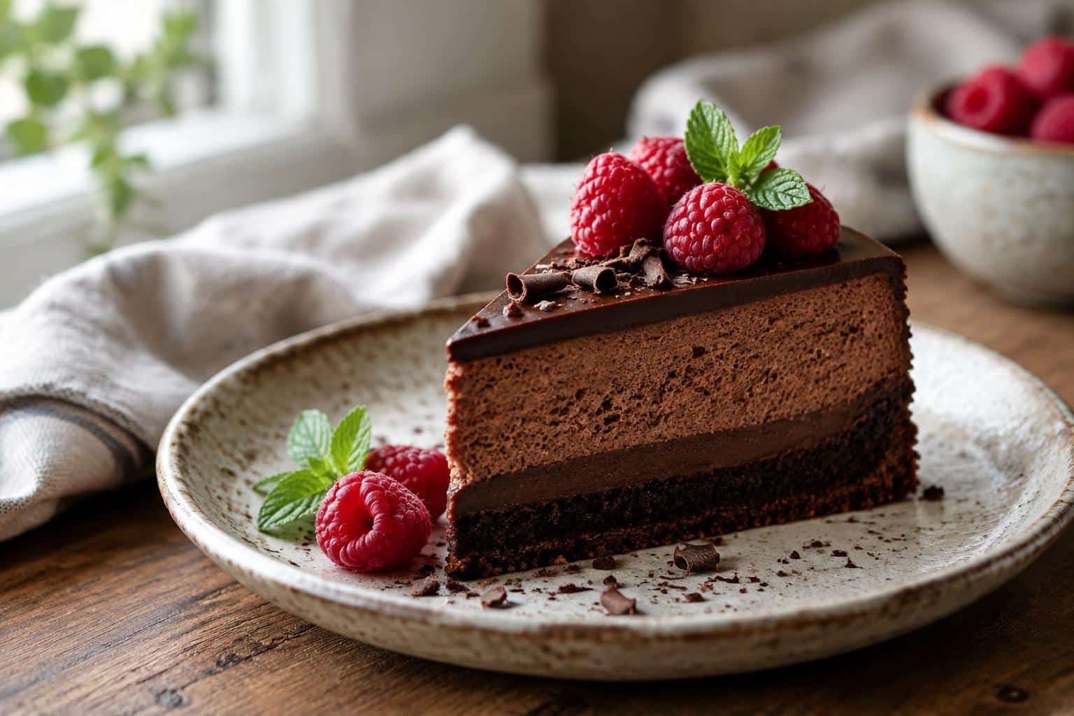 Rich chocolate mousse cake slice topped with raspberries and mint, showcasing chocolate mousse cake layers