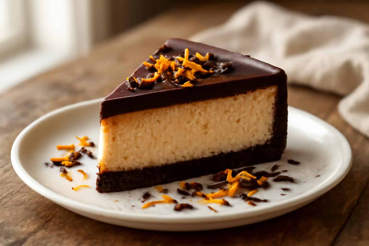 Decadent chocolate orange cheesecake slice garnished with orange zest and chocolate shavings