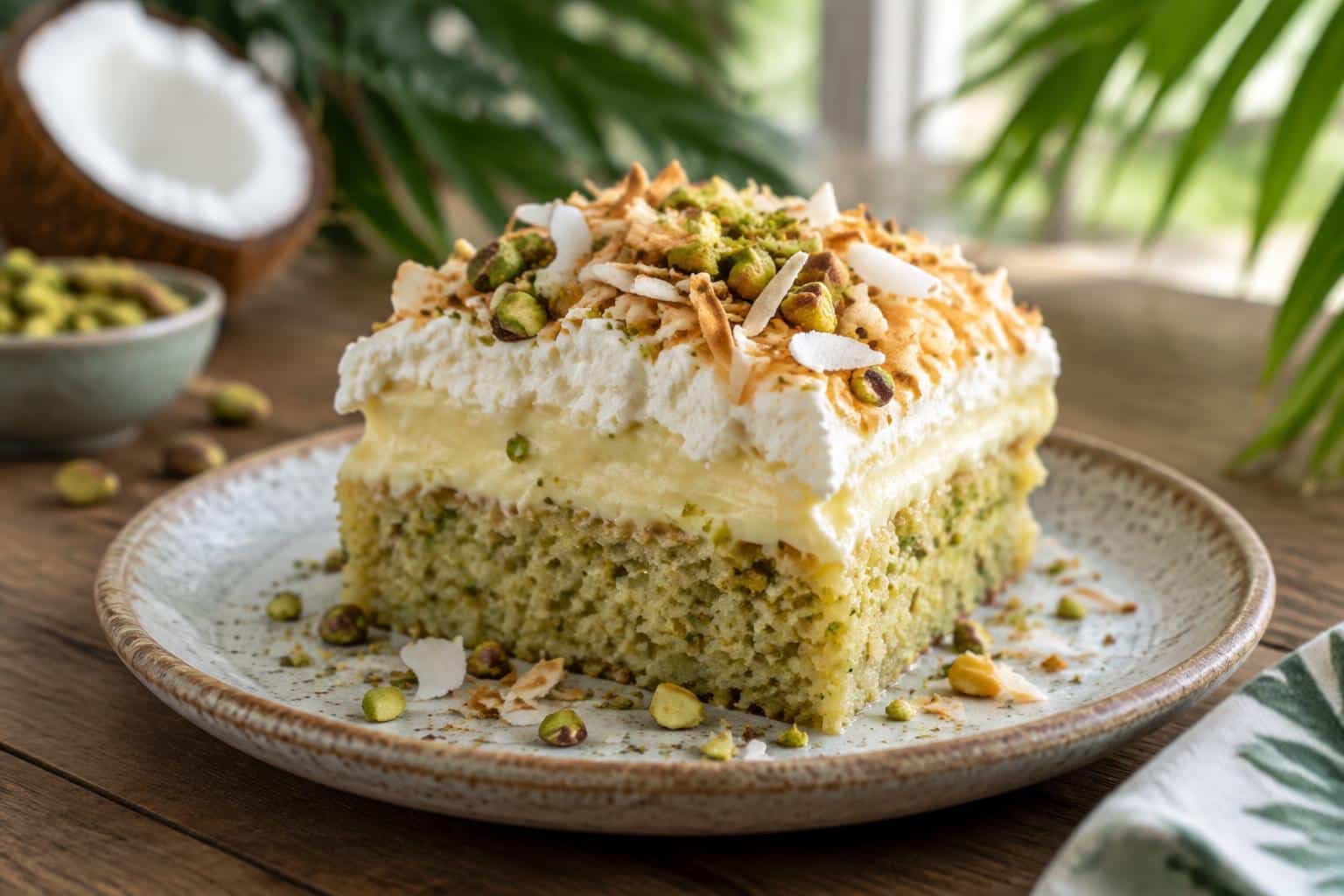 Slice of coconut pistachio pudding cake garnished with pistachios and toasted coconut flakes