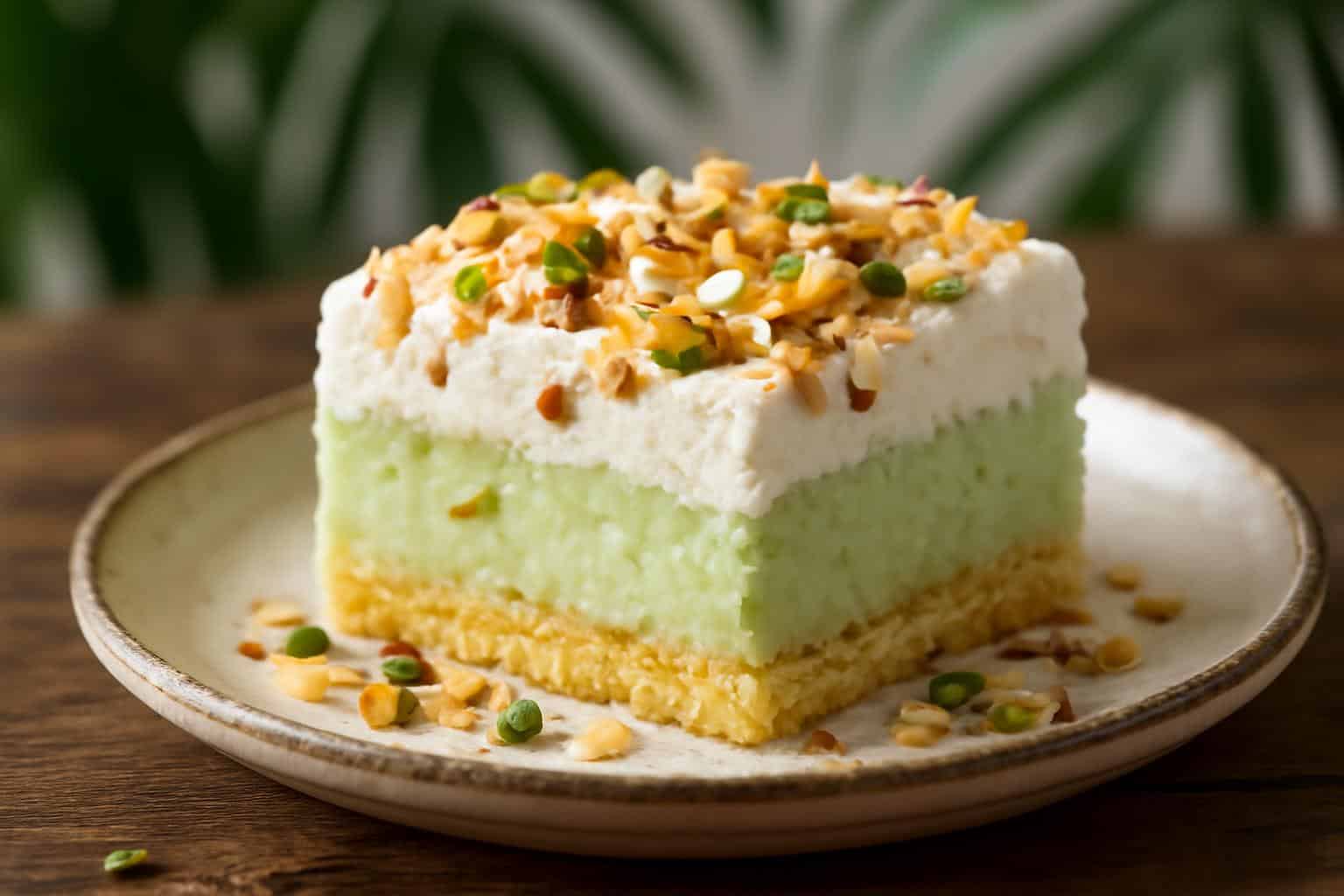 Slice of coconut pistachio pudding cake garnished with crushed pistachios and toasted coconut flakes