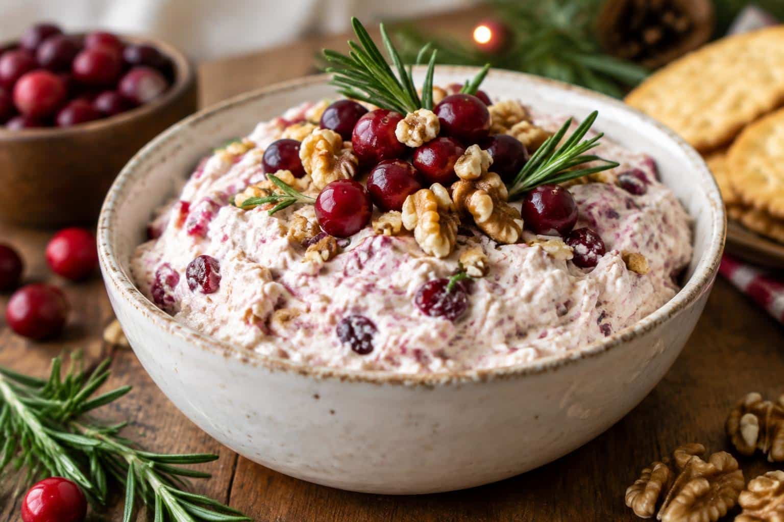 Creamy cranberry walnut dip garnished with fresh cranberries and walnuts in rustic bowl
