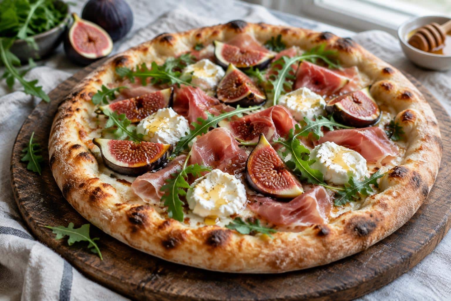 Fig prosciutto pizza topped with creamy goat cheese and fresh figs