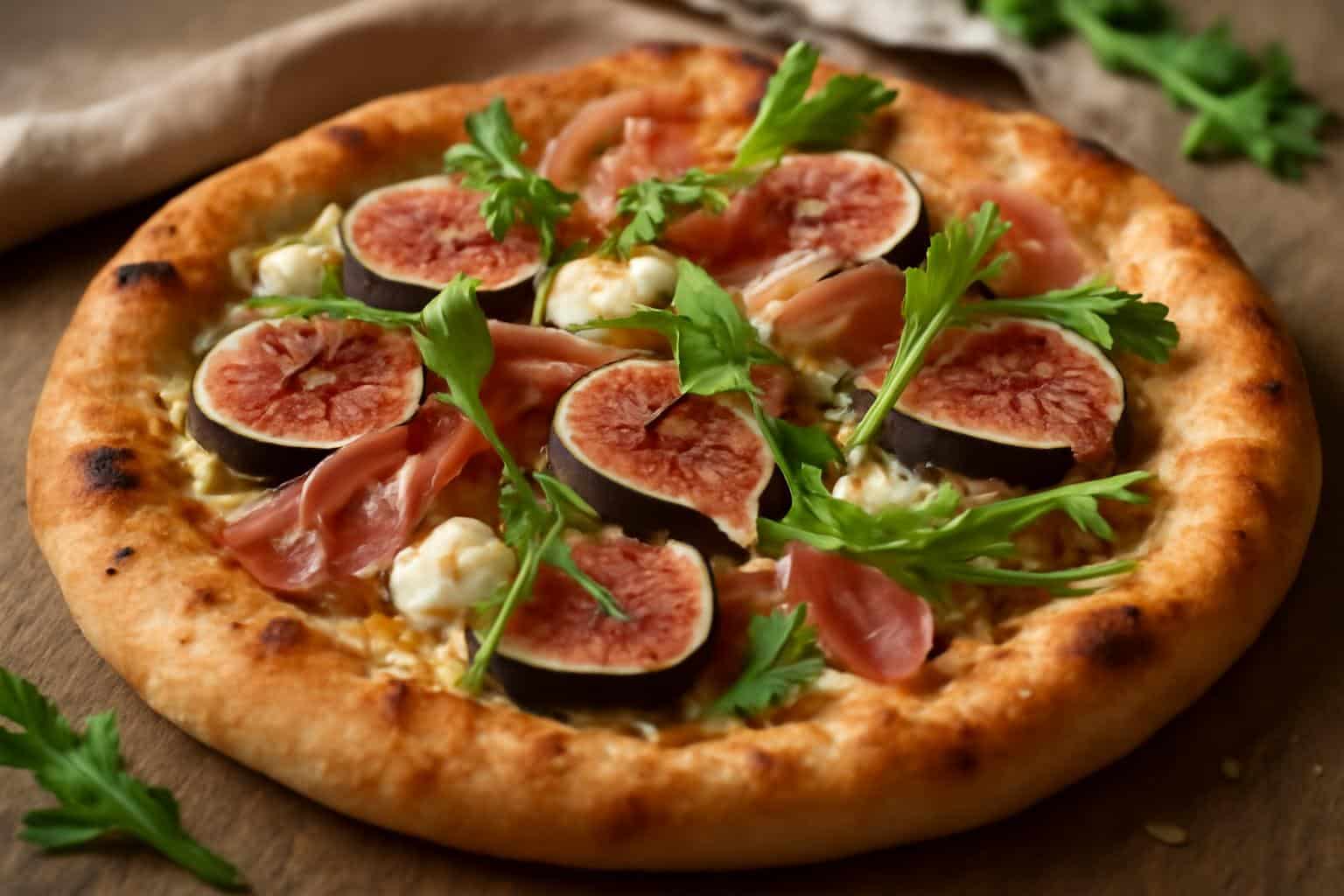 Decadent fig prosciutto pizza topped with creamy goat cheese and fresh arugula