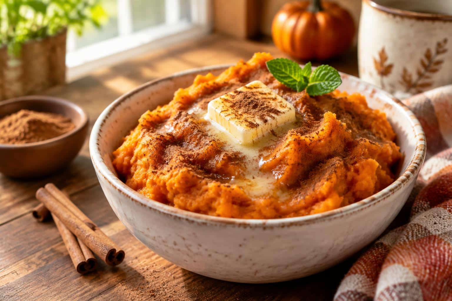 Fluffy cinnamon butter sweet potatoes in a bowl with cinnamon topping and butter melting, cinnamon butter sweet potatoes