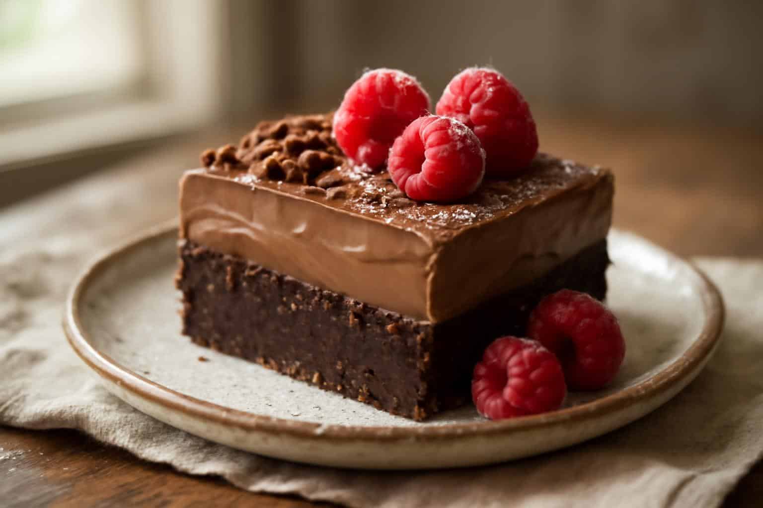 A glossy, fudgy slice of french silk brownies garnished with raspberries and powdered sugar