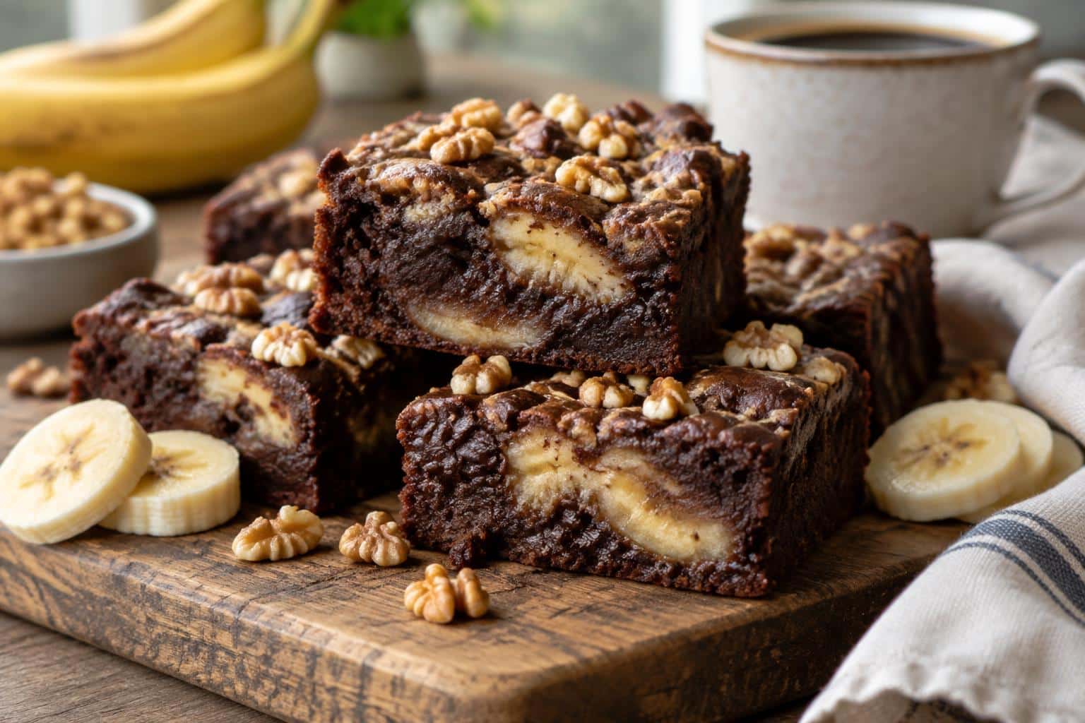 Decadent fudgy banana bread brownies with walnuts and banana slices on wooden board