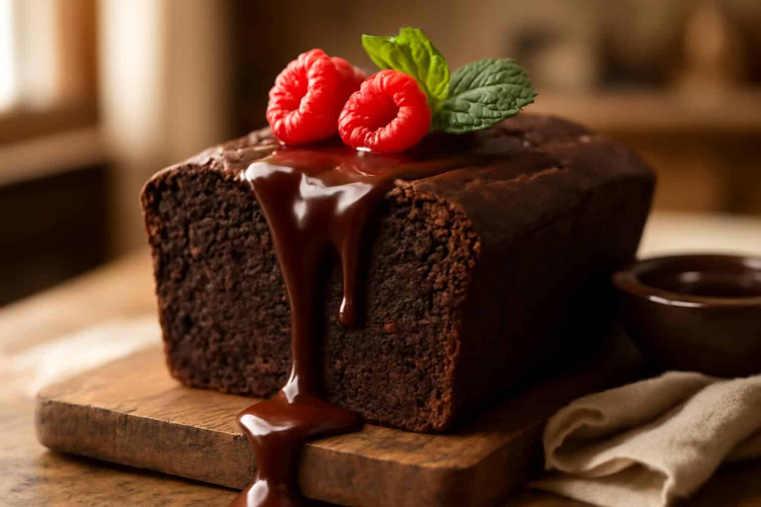 Slice of hot fudge brownie bread with melted fudge and raspberries on rustic board, hot fudge brownie bread