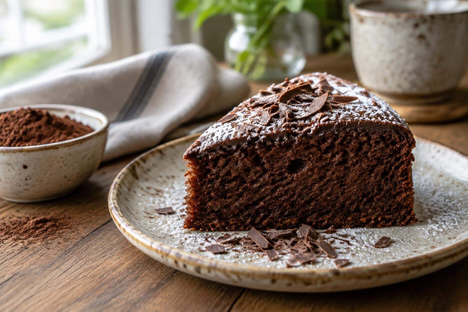 Slice of moist chocolate yogurt cake with powdered sugar and chocolate shavings on a rustic plate