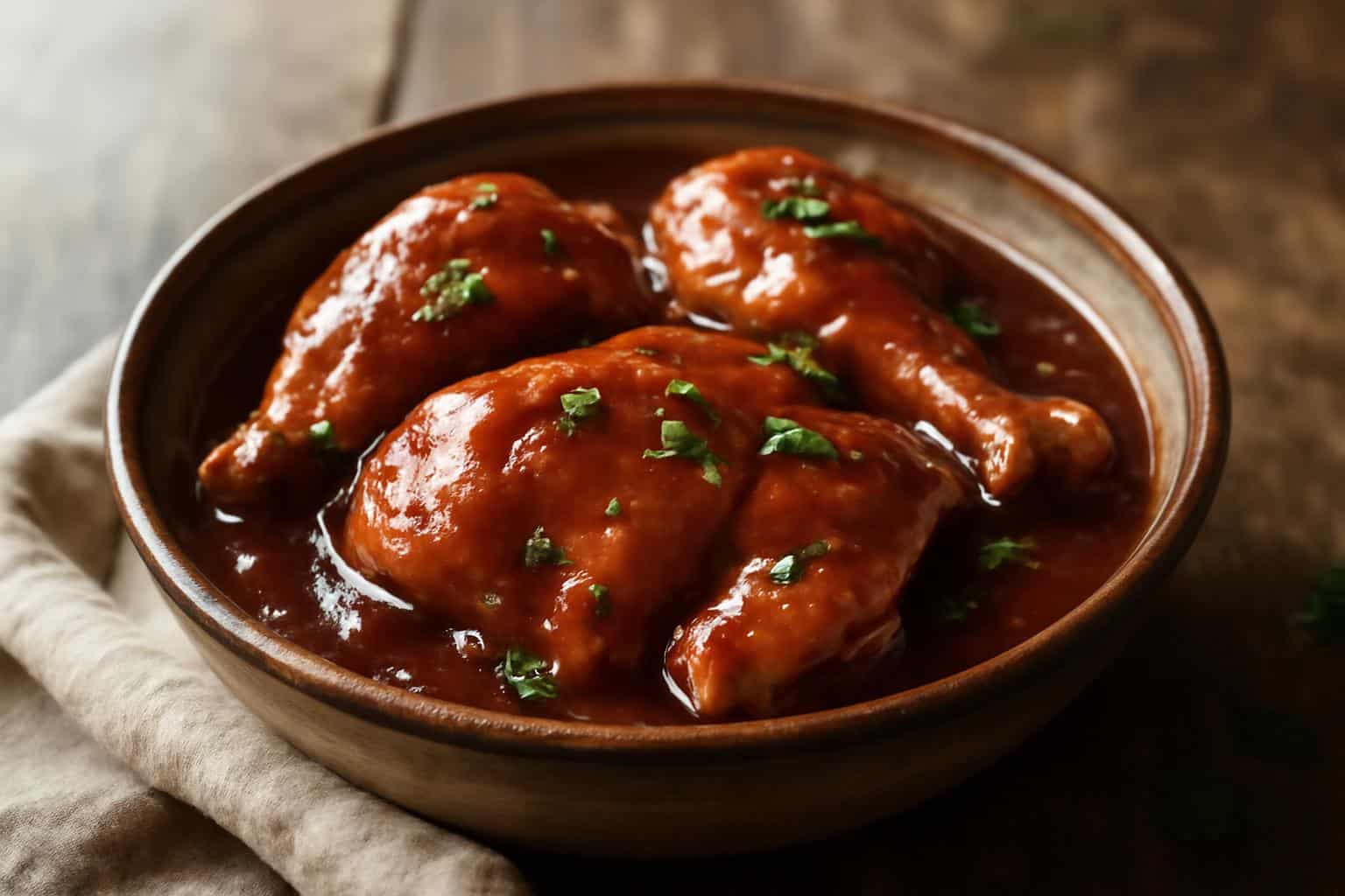Close-up of Mississippi mud chicken in rich brown sauce garnished with parsley