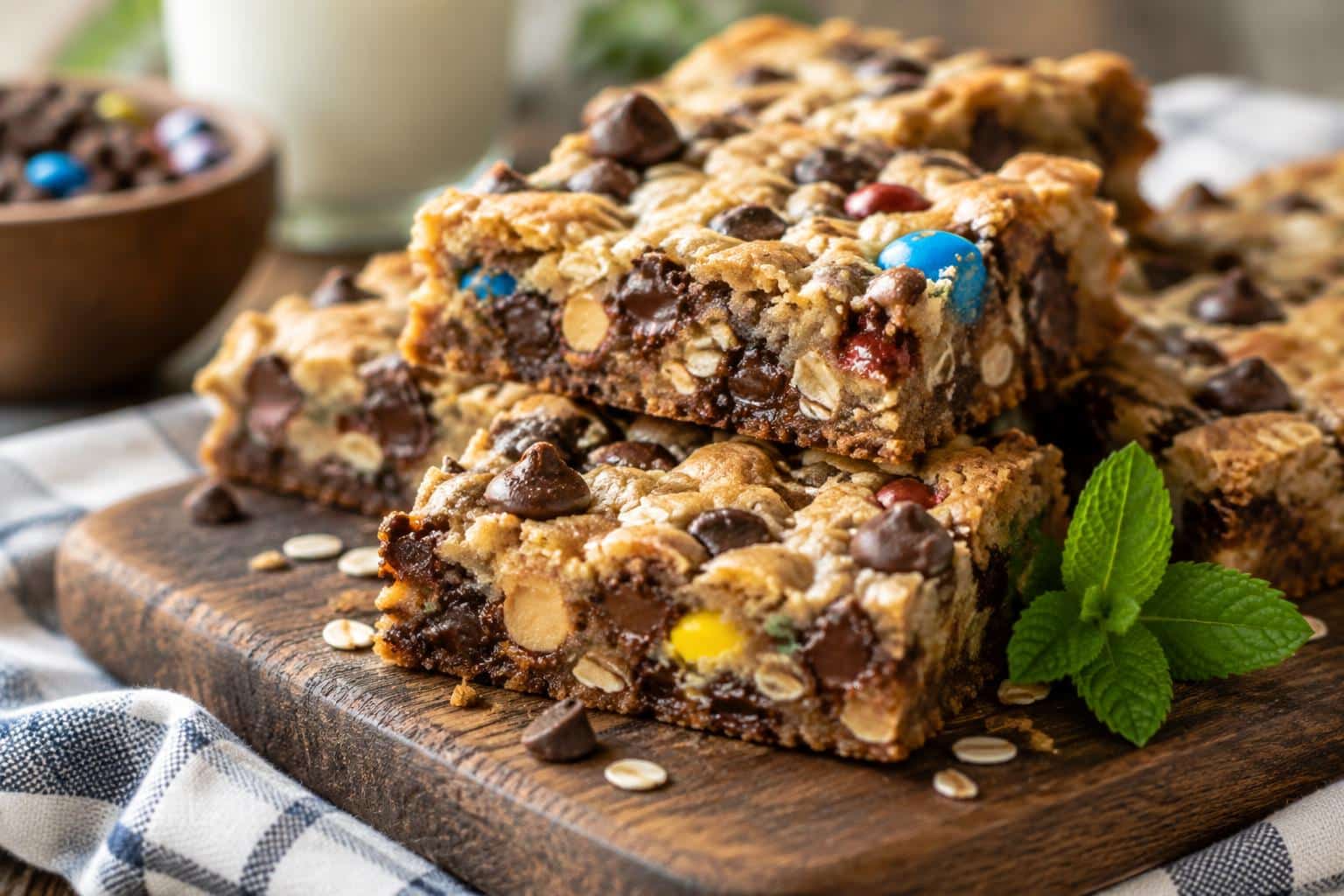 Decadent monster cookie bars with chocolate chips and oats under natural soft window light