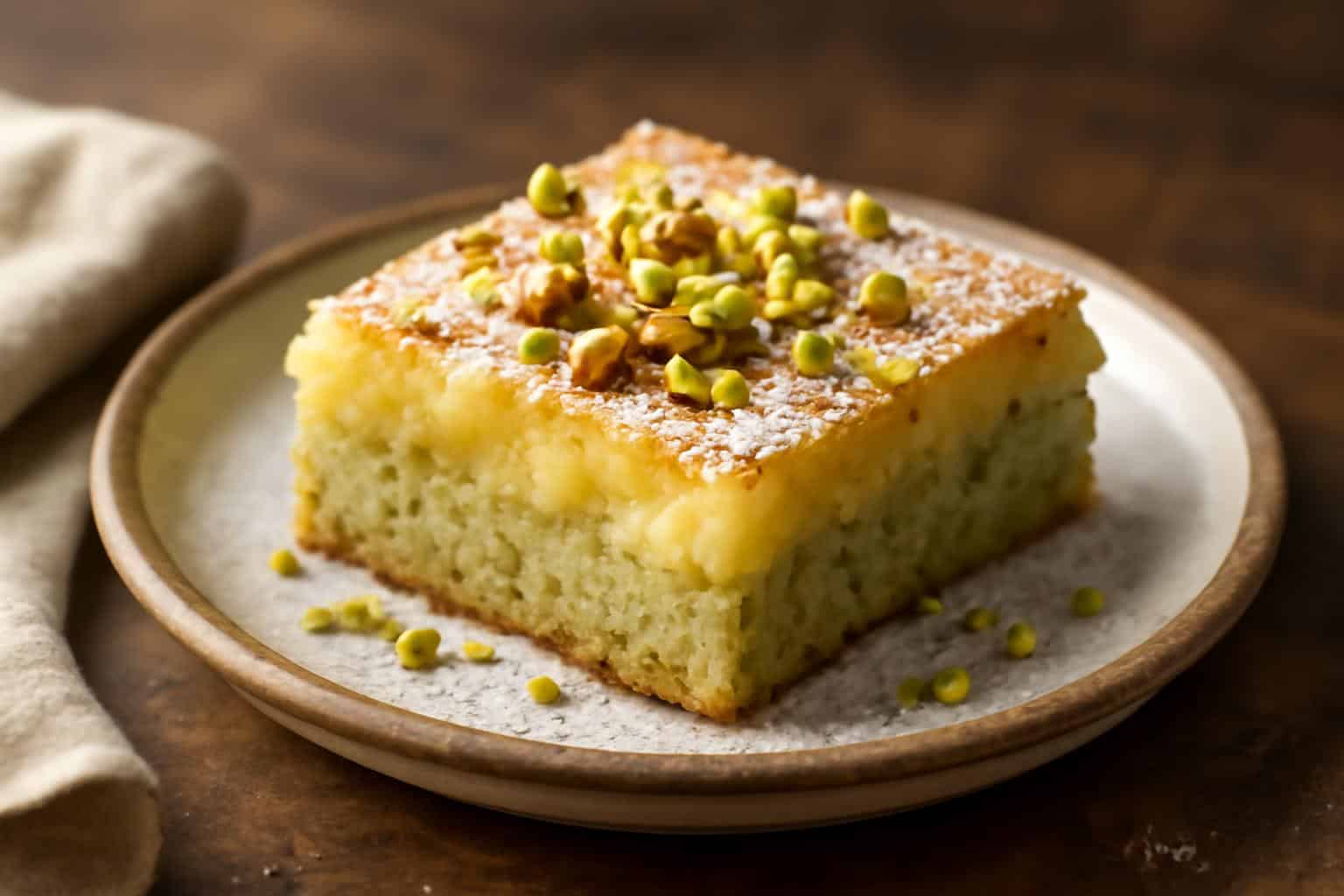 Slice of pistachio gooey butter cake with crushed pistachios and powdered sugar topping