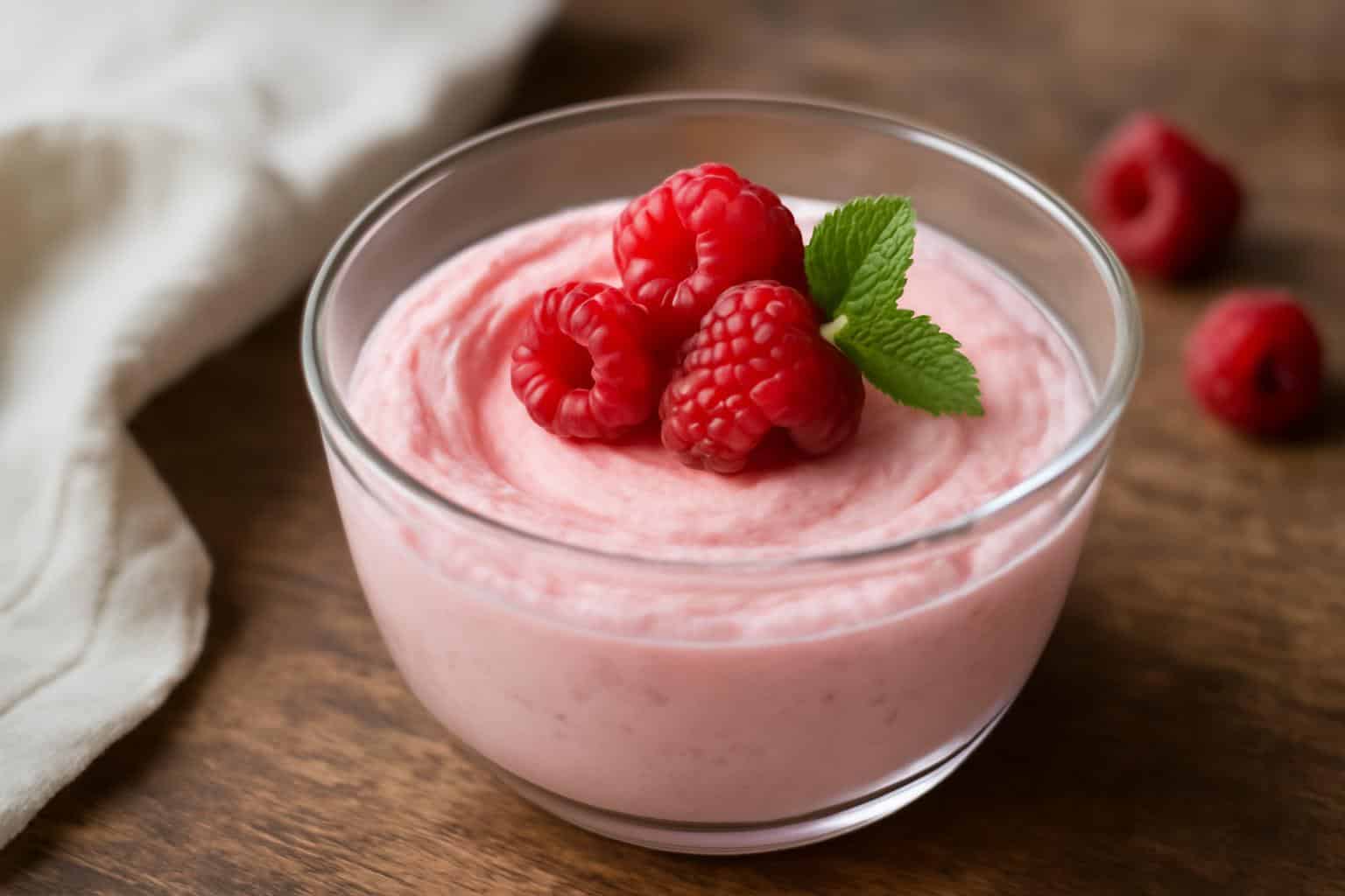Decadent raspberry mousse dessert in glass bowl garnished with fresh raspberries and mint leaves