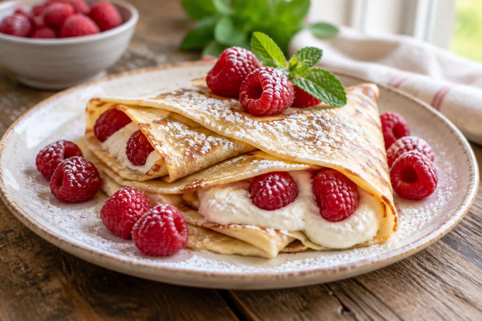 Light and fluffy raspberry vanilla crepes with sweet cream and fresh raspberries on a rustic plate