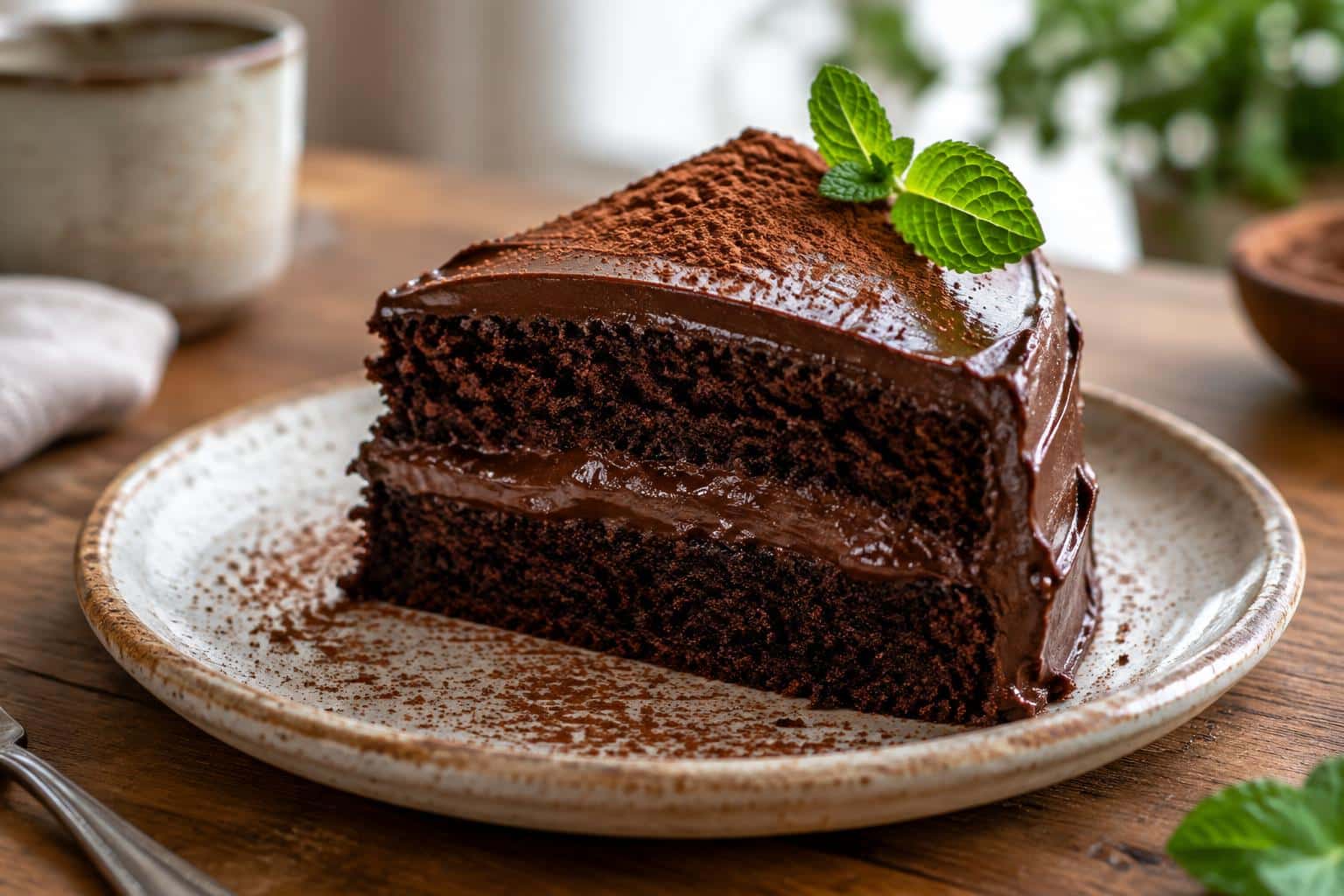 Rich chocolate fudge cake slice with glossy frosting and cocoa garnish