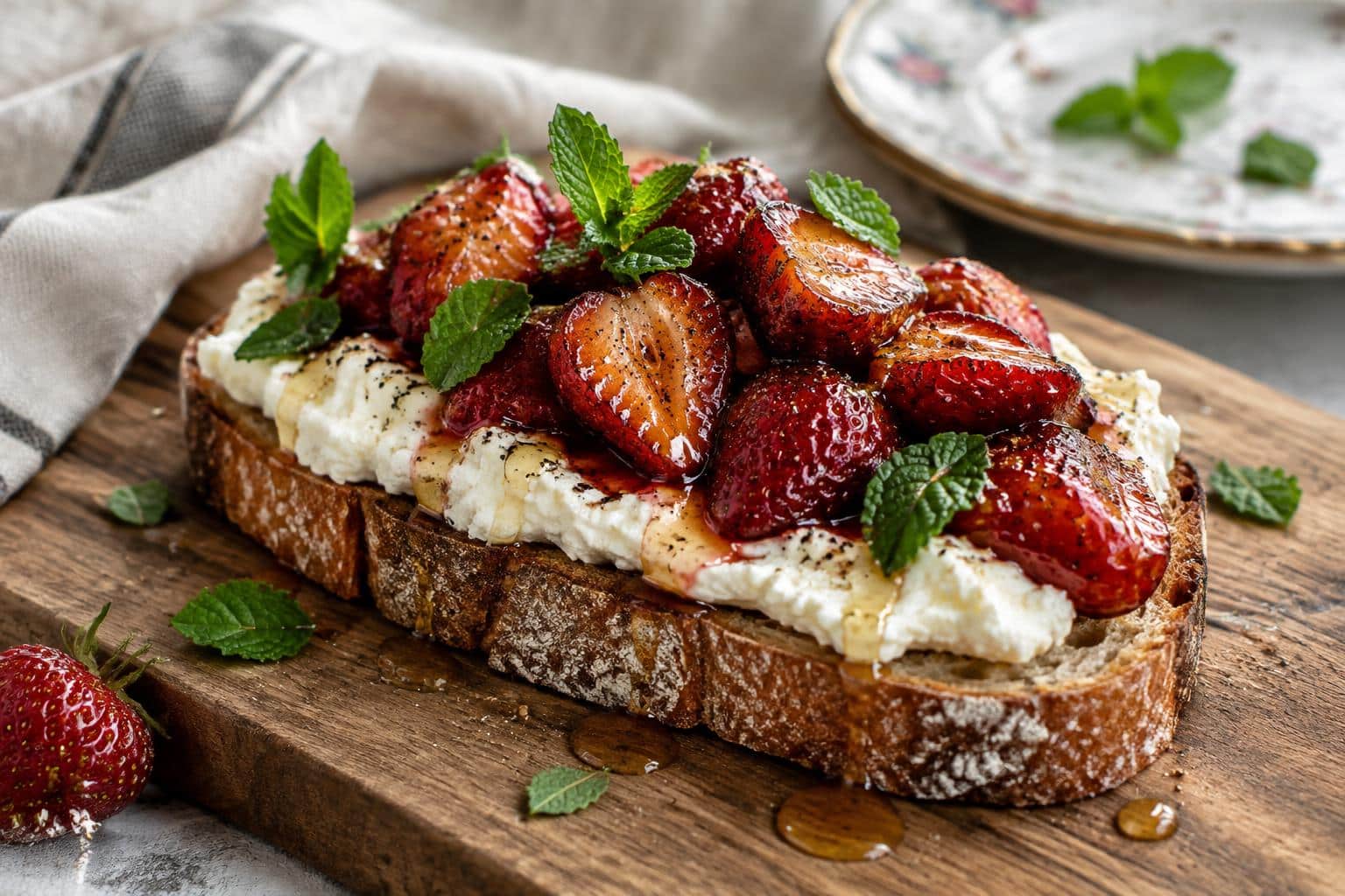 Whipped ricotta toast topped with roasted strawberries and honey in natural soft light