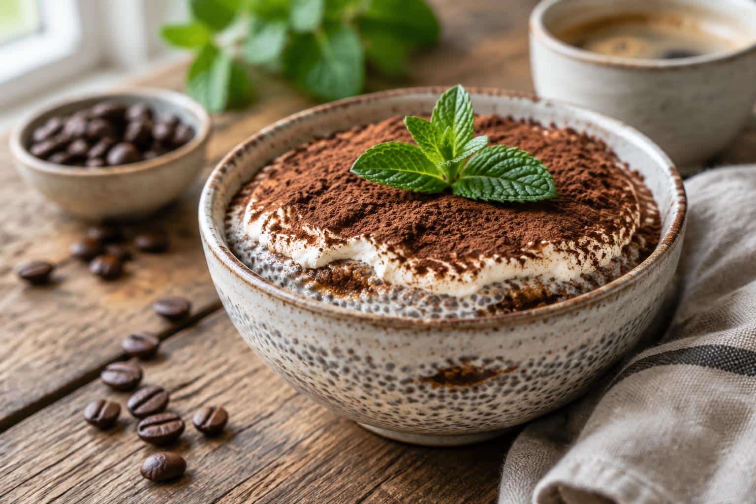 Creamy tiramisu chia pudding topped with cocoa powder and fresh mint garnish