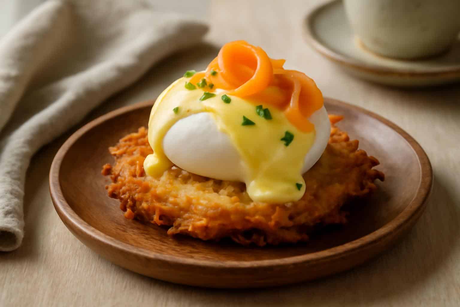 Latke eggs benedict with crispy latkes, poached eggs, and hollandaise sauce garnished with chives