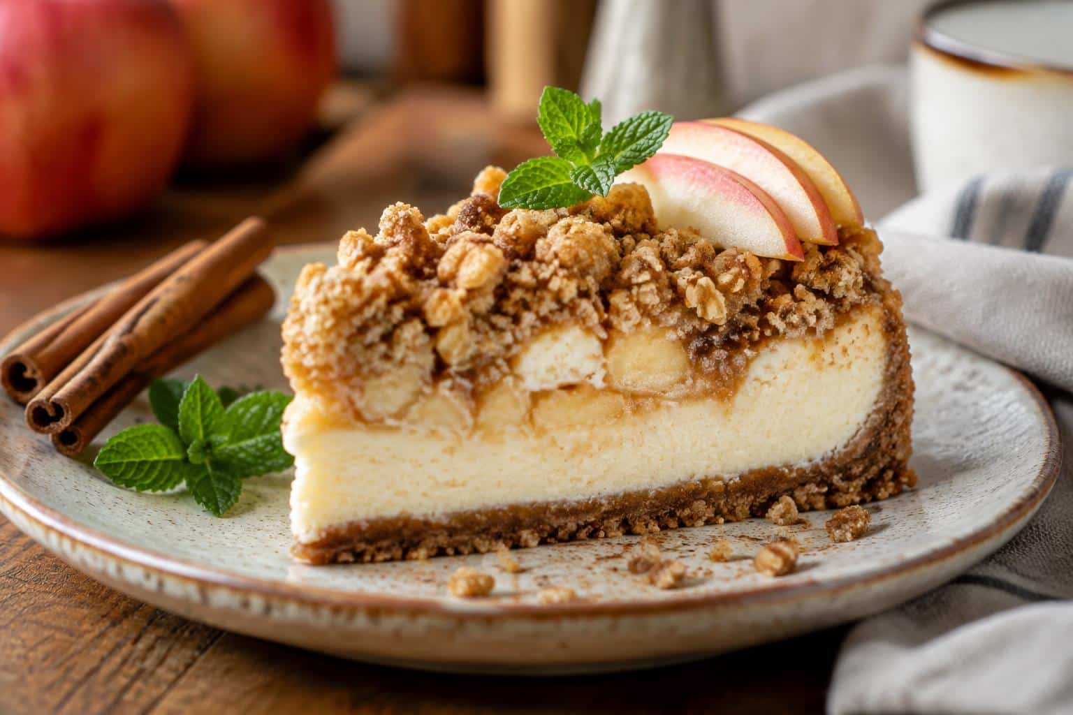 slice of apple crisp cheesecake topped with golden crumble and fresh apple slices in natural light