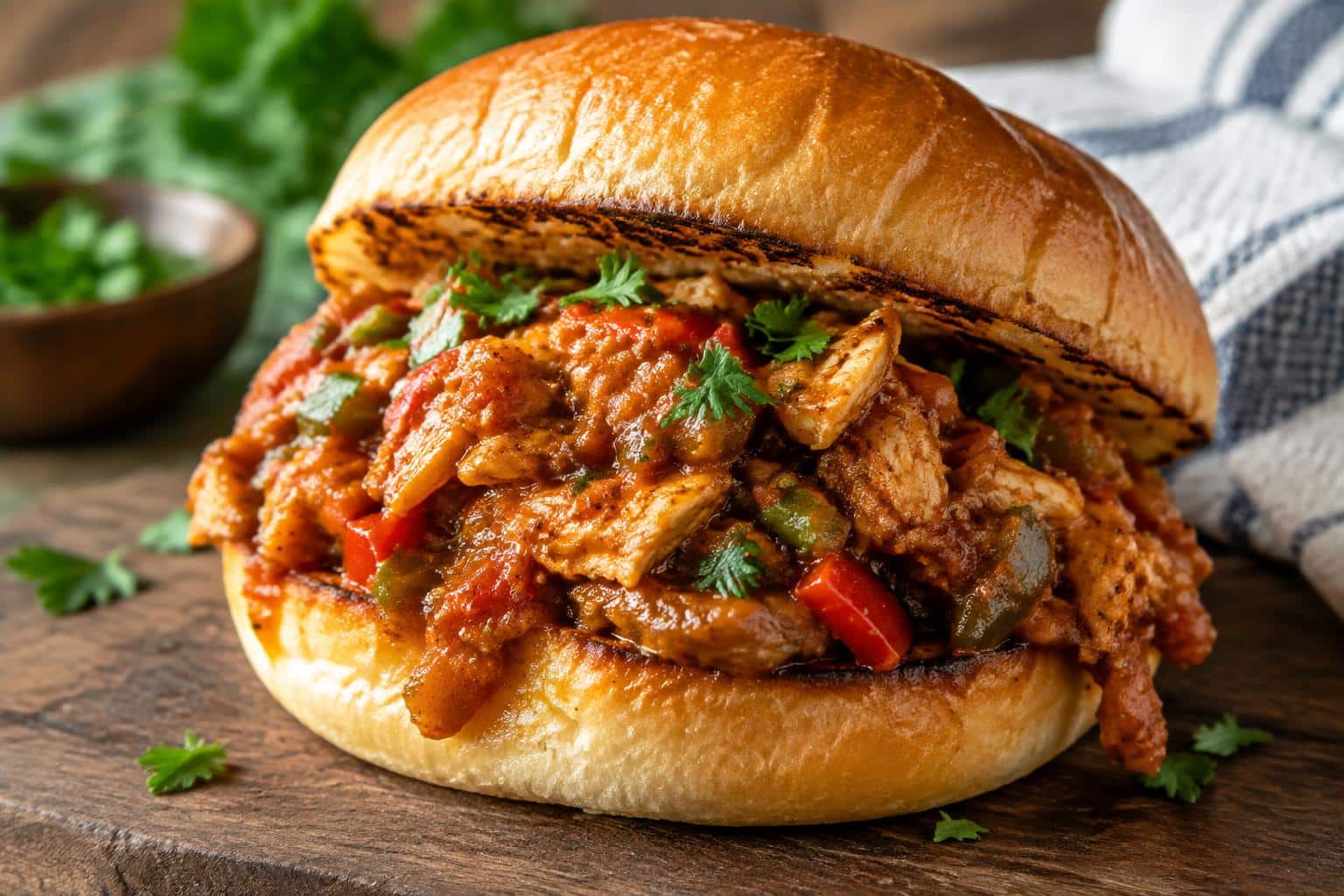 Cajun chicken sloppy joes sandwich with spicy sauce and fresh parsley garnish on toasted bun