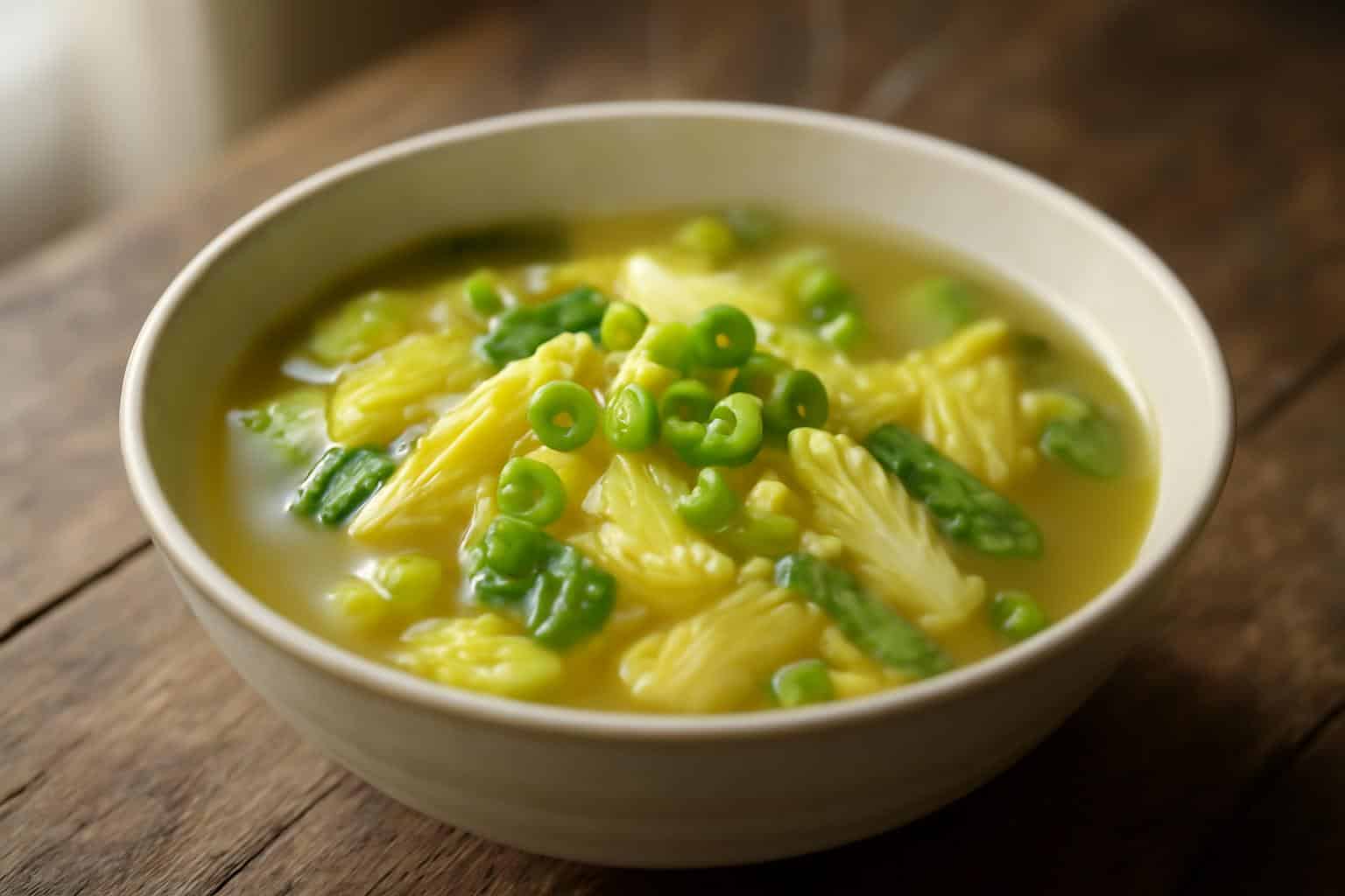 A bowl of Chinese cabbage soup garnished with green onions and sesame seeds
