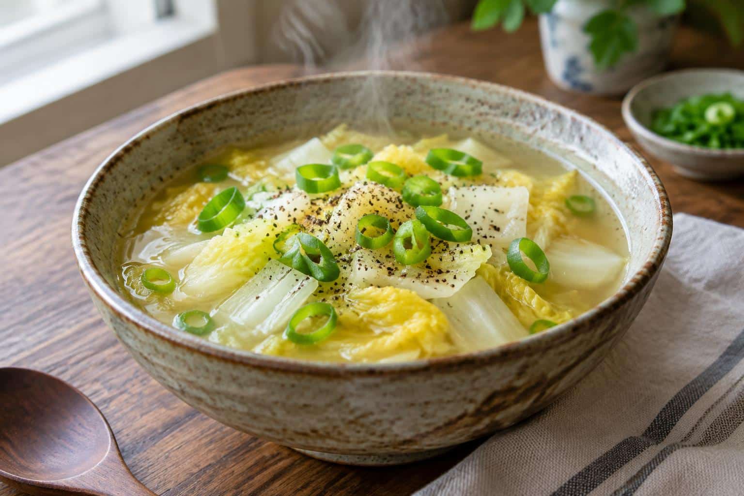Steaming bowl of Chinese cabbage soup garnished with green onions and black pepper
