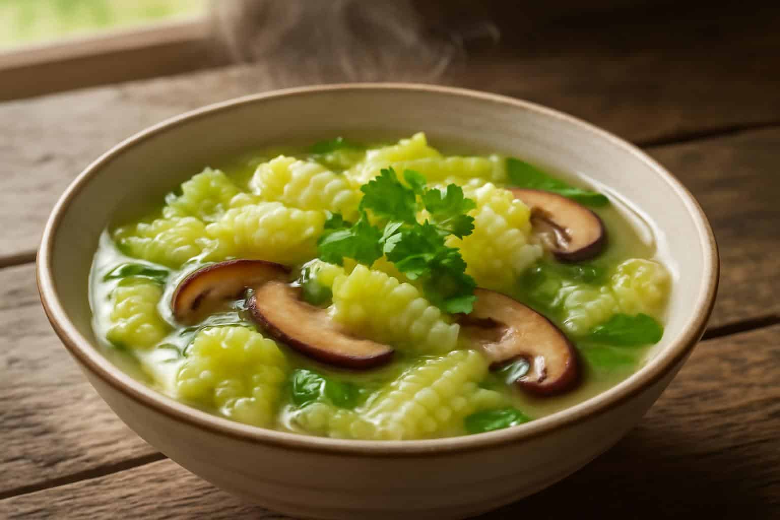 Bowl of Chinese cabbage soup with napa cabbage and mushrooms in clear broth