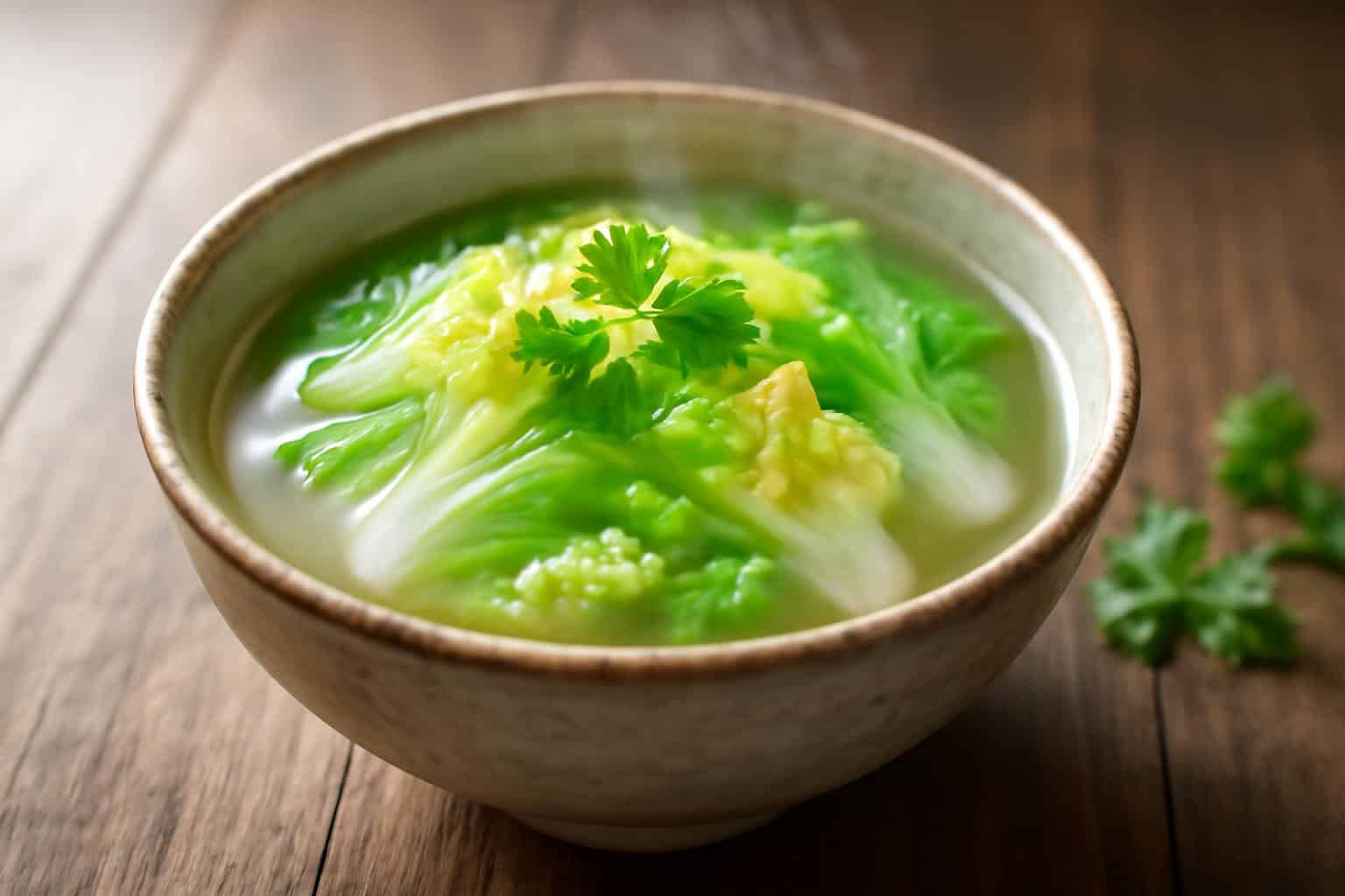 Bowl of Chinese cabbage soup with fresh greens and clear broth, showcasing the Chinese cabbage soup