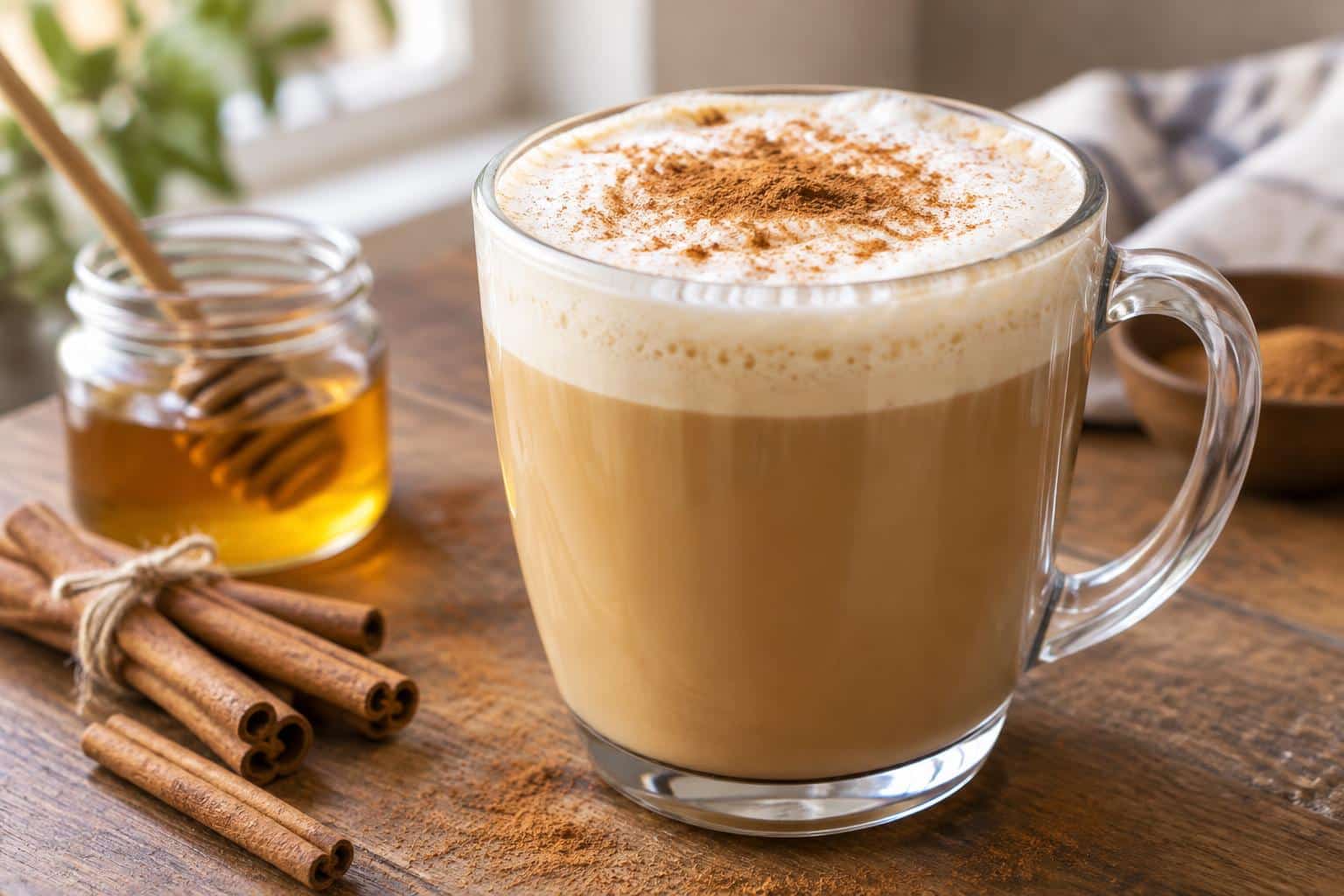 Creamy cinnamon honey latte in a glass mug topped with frothy milk and cinnamon powder