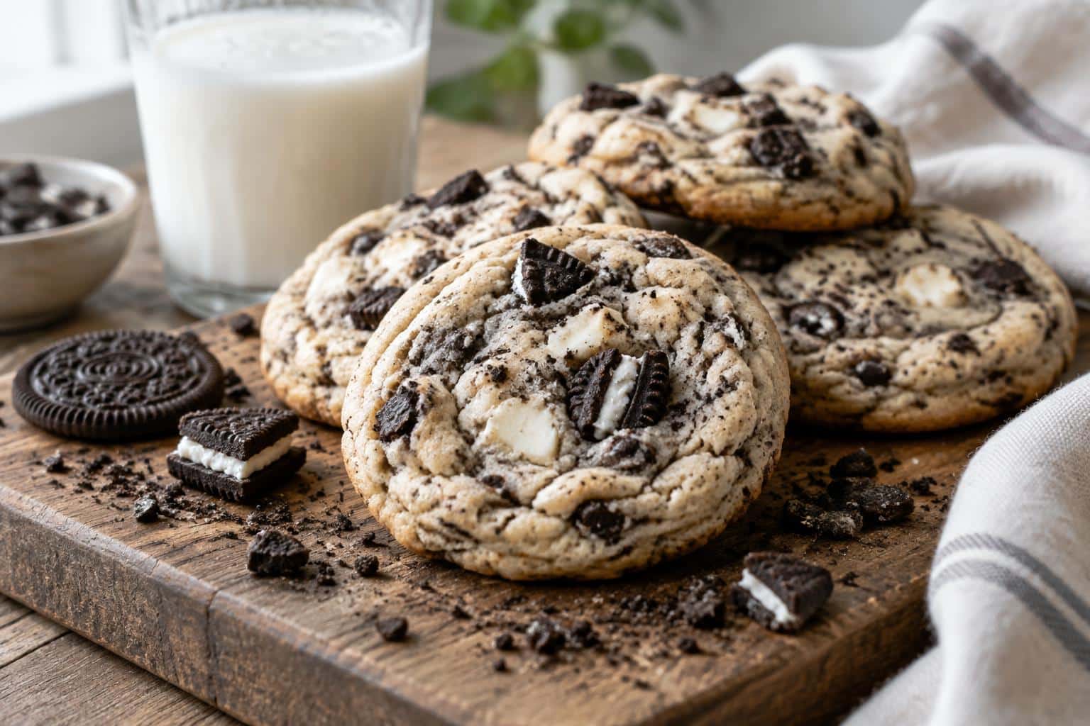 Freshly baked cookies and cream cookies with creamy bits and crunchy texture on rustic board