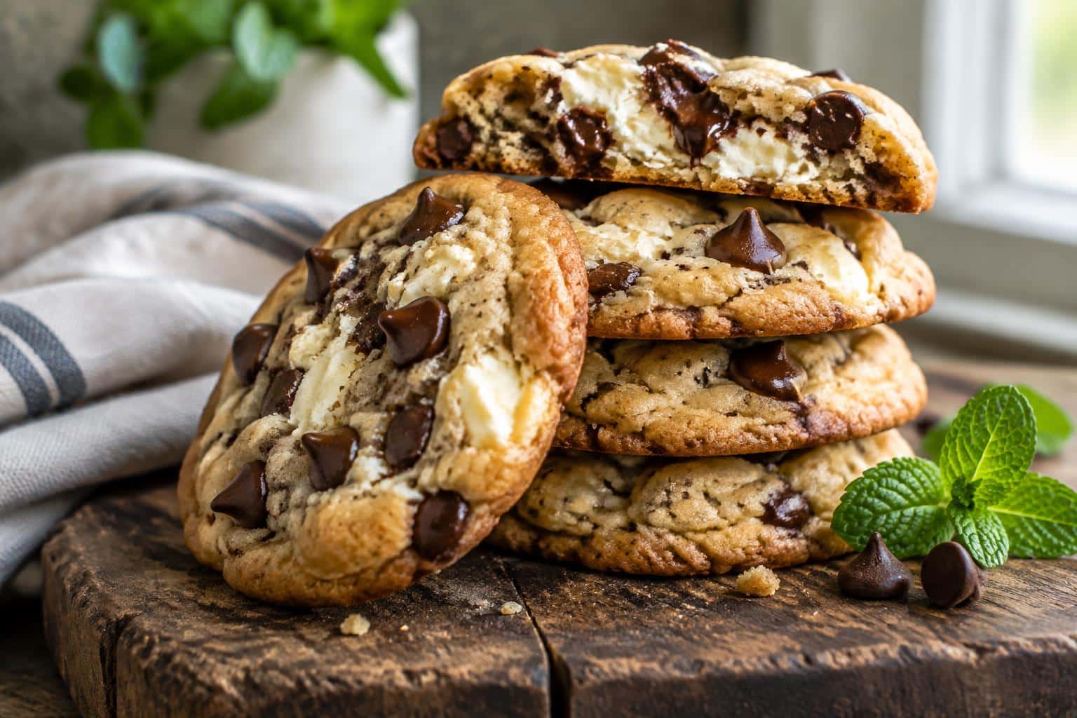 Stack of soft cream cheese chocolate chip cookies with gooey chocolate chips in natural light