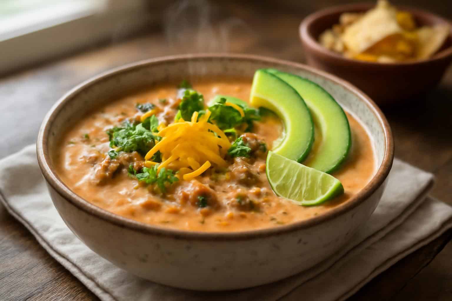 bowl of creamy taco soup garnished with cheddar, cilantro, avocado, and lime wedge