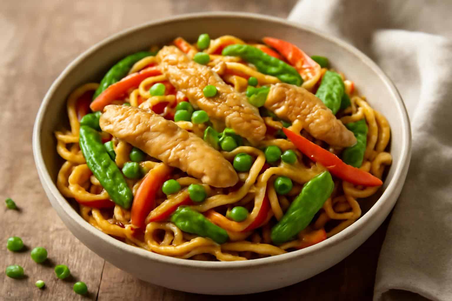 Crockpot chicken lo mein with tender chicken, noodles, vegetables, and sesame seeds in a bowl