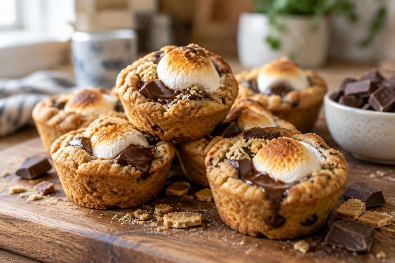 freshly baked s'mores bites with melted chocolate and toasted marshmallow on rustic board