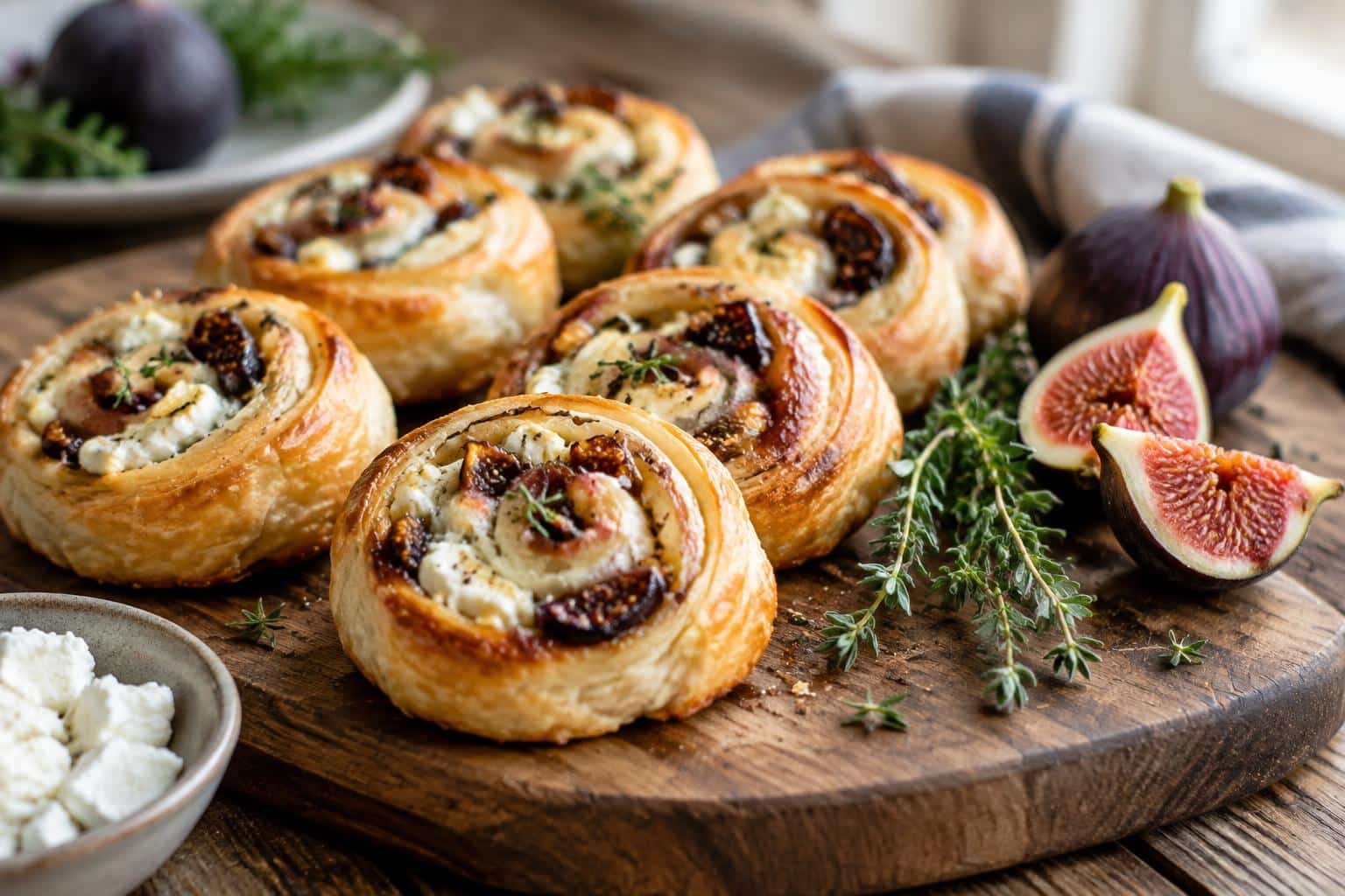 Freshly baked fig goat cheese pinwheels on rustic board with garnish and soft natural light