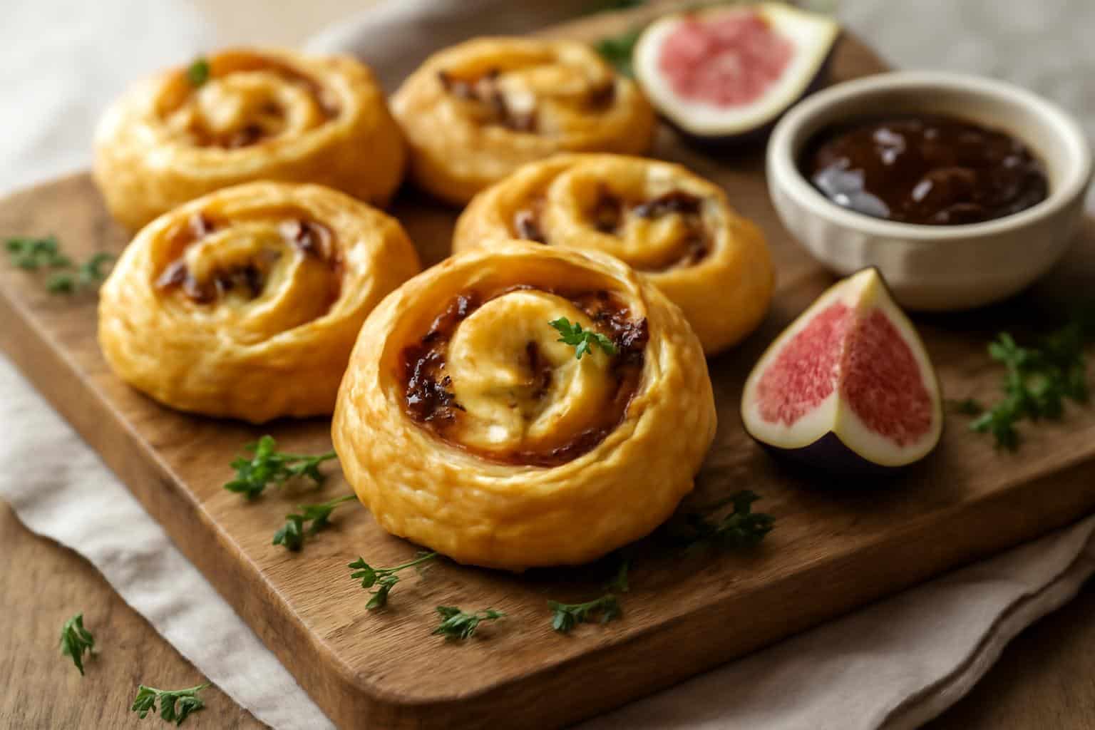 Baked fig goat cheese pinwheels on wooden board garnished with fresh thyme and fig slices