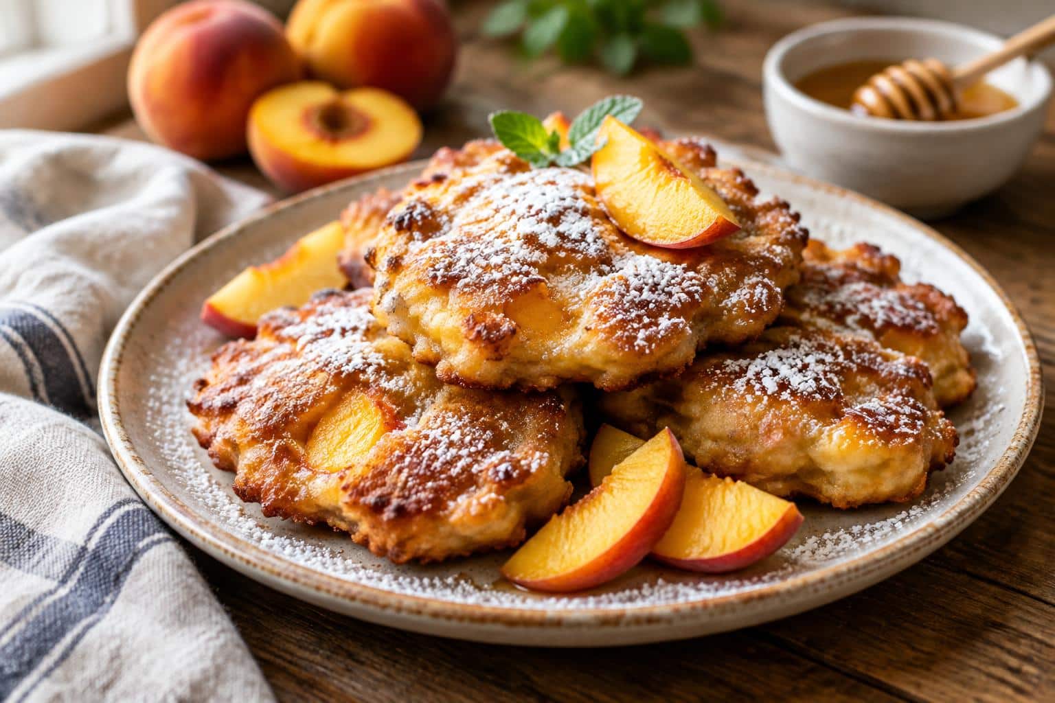 Golden fresh peach fritters dusted with powdered sugar and fresh peach slices