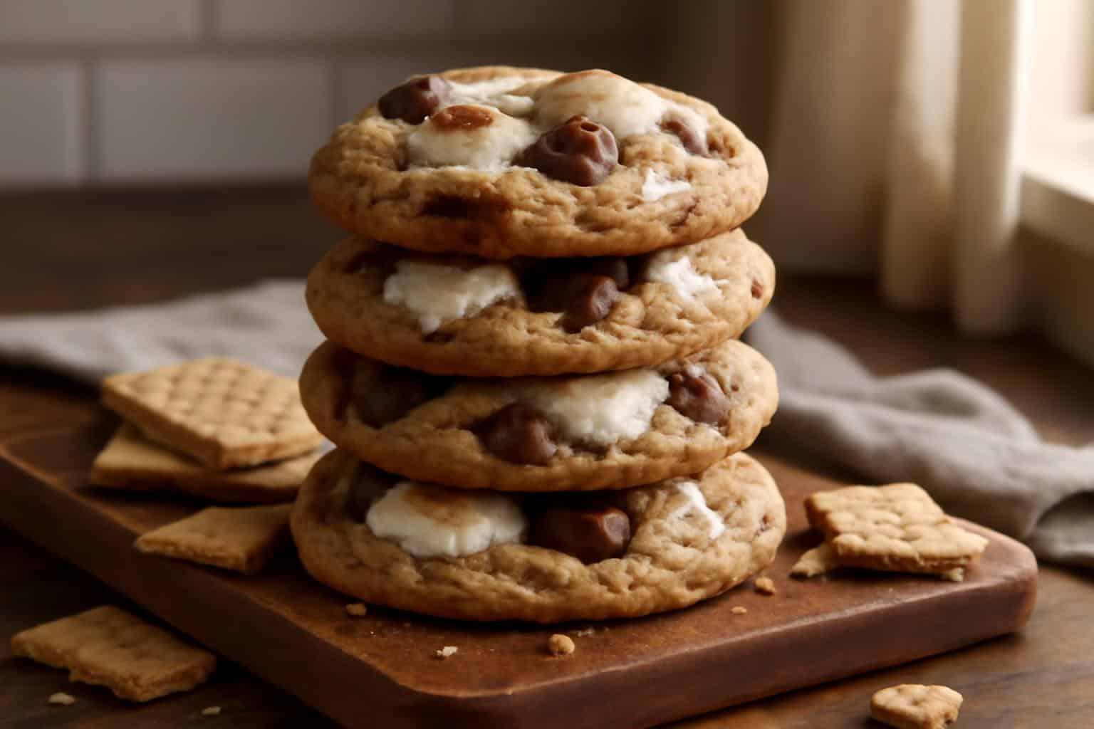 Gooey s'more's cookie recipe with melted marshmallows and chocolate chunks on wooden board