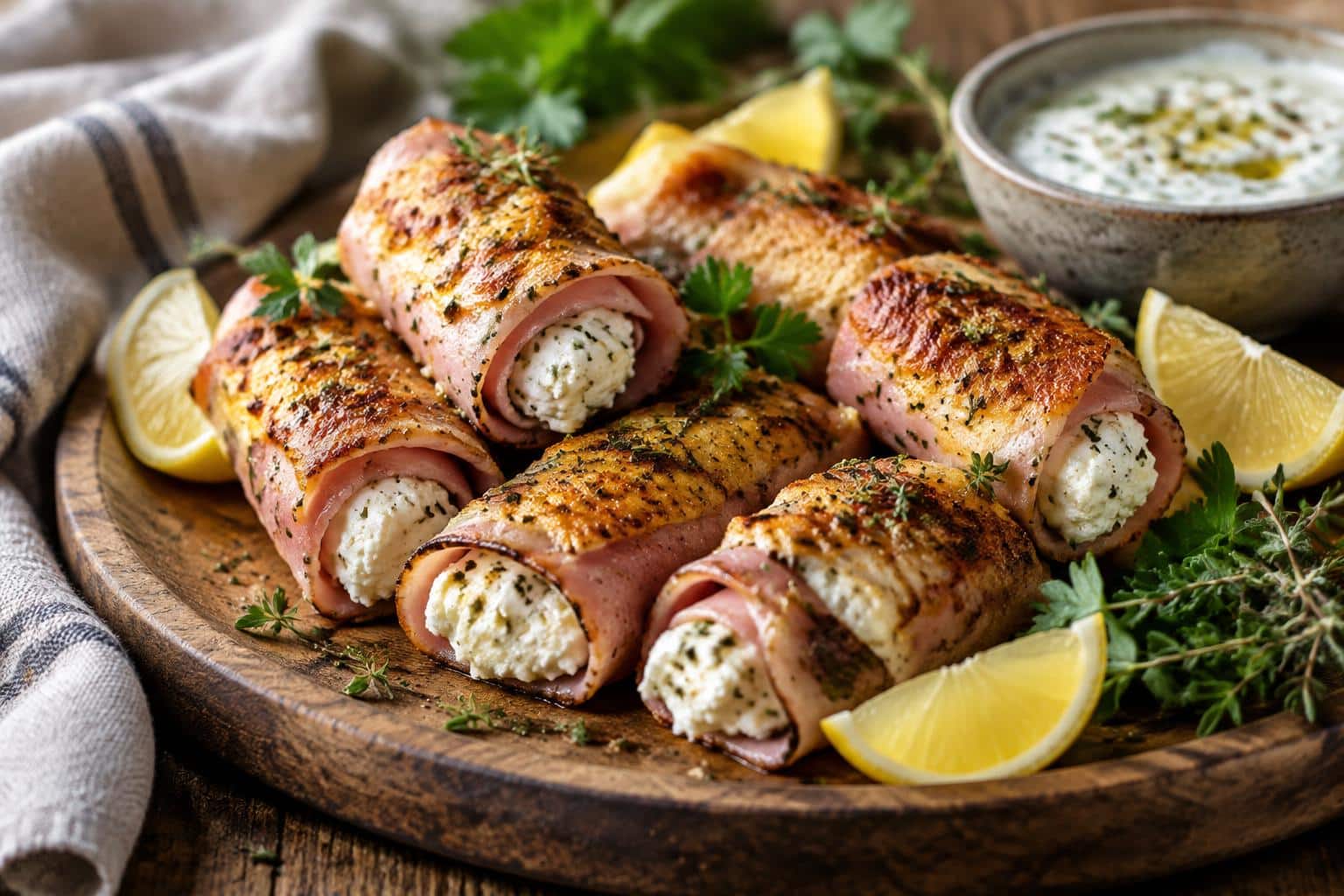 grilled feta ham rolls served on a wooden platter garnished with herbs and lemon wedges