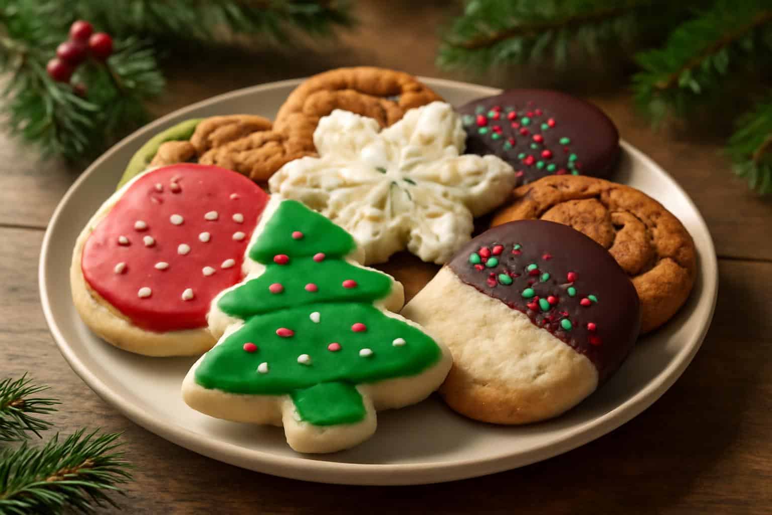 Plate of assorted holiday cookie recipes with festive icing and decorations