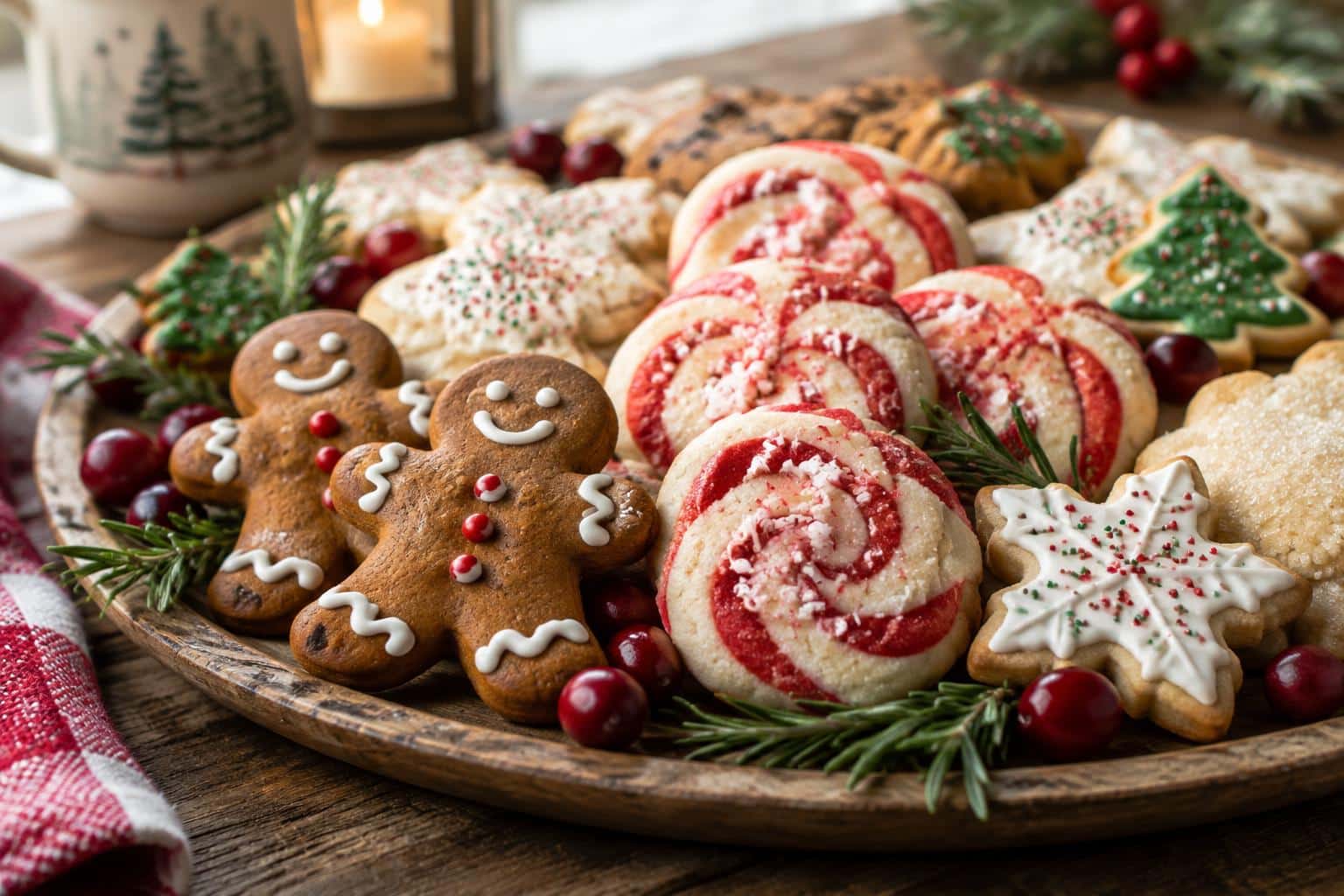 Assorted baked holiday cookie recipes on rustic wooden platter with festive garnishes