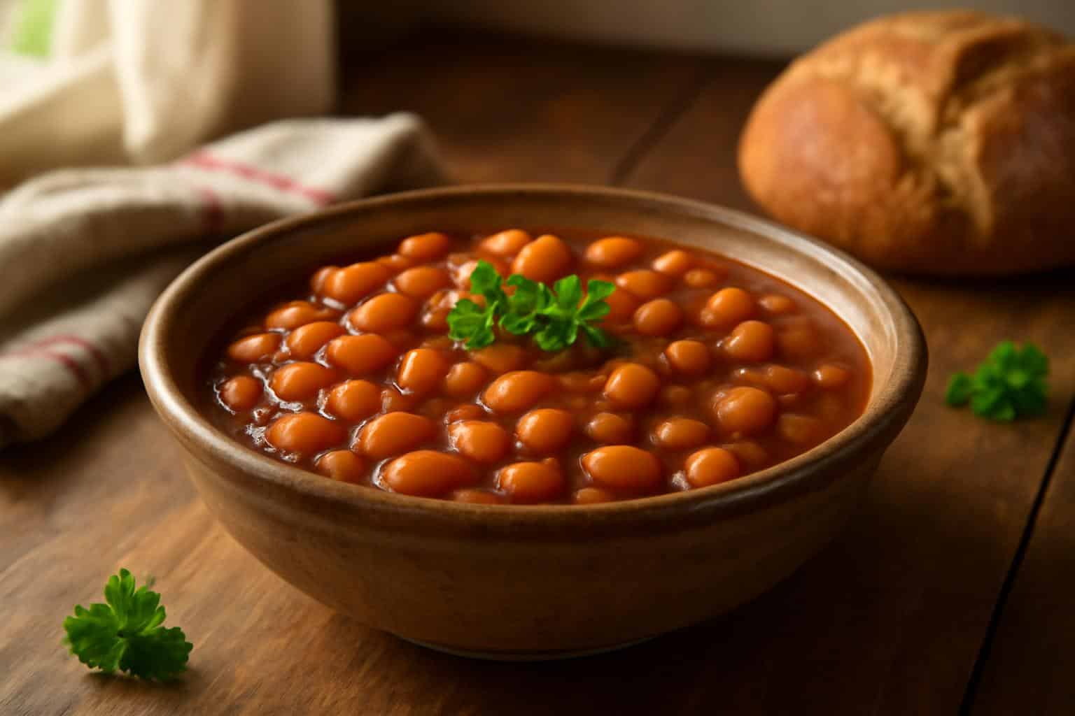homemade baked beans in a rustic bowl garnished with parsley, featuring homemade baked beans