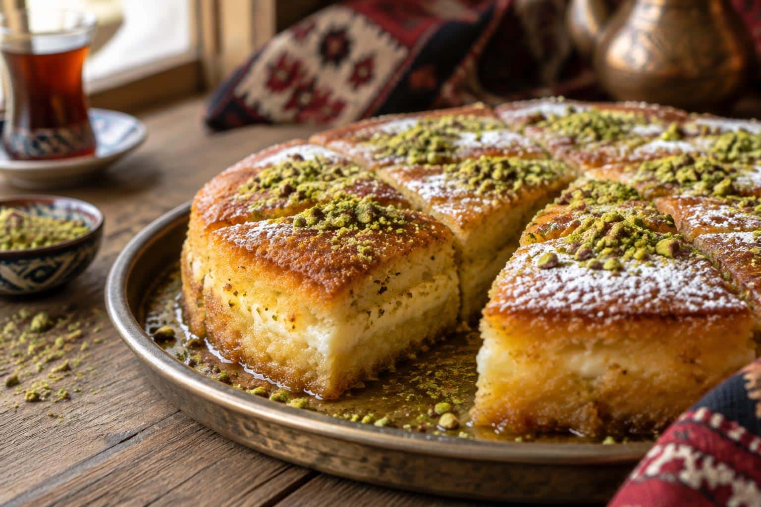 Freshly baked kaydirmali cake from Diyarbakir with powdered sugar and pistachio garnish