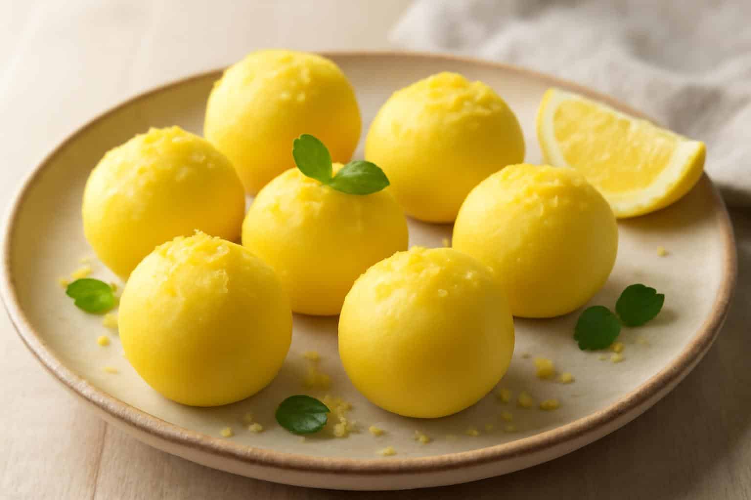 Plate of bright lemon truffles with lemon zest garnish, showcasing lemon truffles texture and color