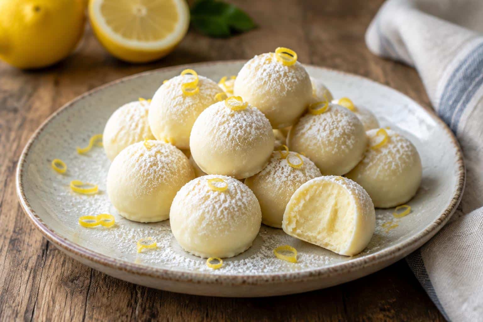 Plate of creamy lemon truffles dusted with powdered sugar and lemon zest, perfect lemon truffles dessert